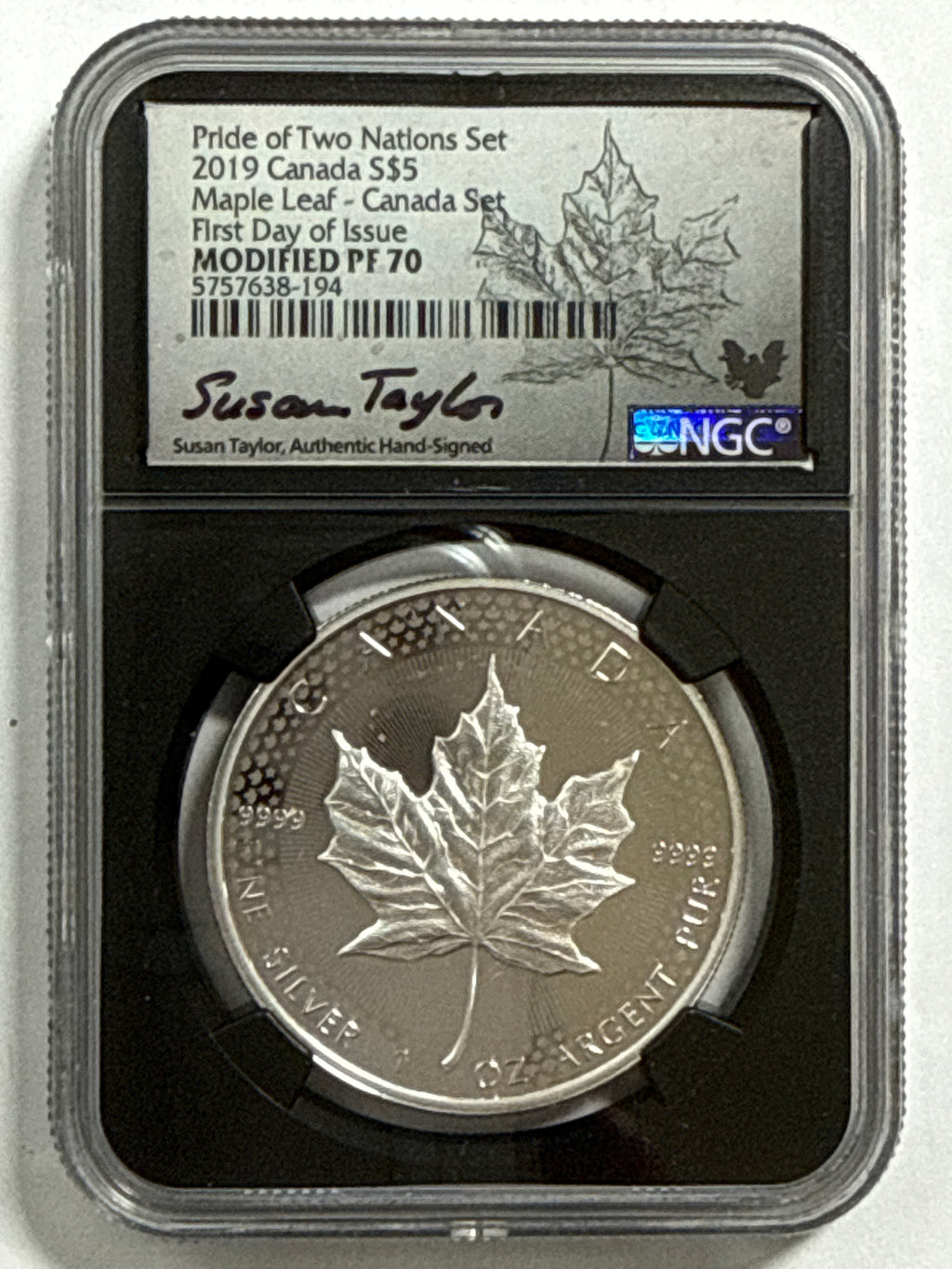 2019 Pride of Two Nations Set Canada $5 Maple Leaf -Canada 2 Coin Box Set with CoA NGC FDI Modified PF70 Susan Taylor. 2019-W Pride of Two Nations American Silver Eagle $1  Canada Set FDI Enhanced Rev PF70 John Mercanti.