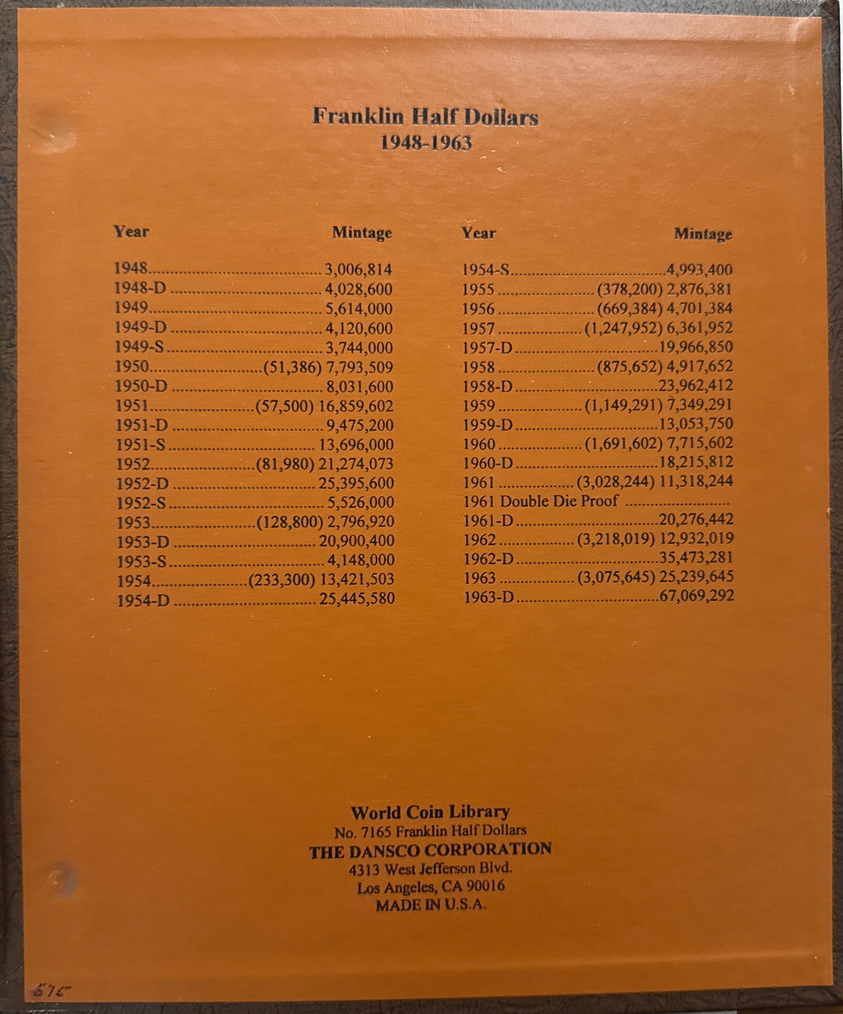 1948-1963-D,P,S  American Franklin Silver Half Dollar Complete Set 35 coins  in Dansco COA 90 % silver.