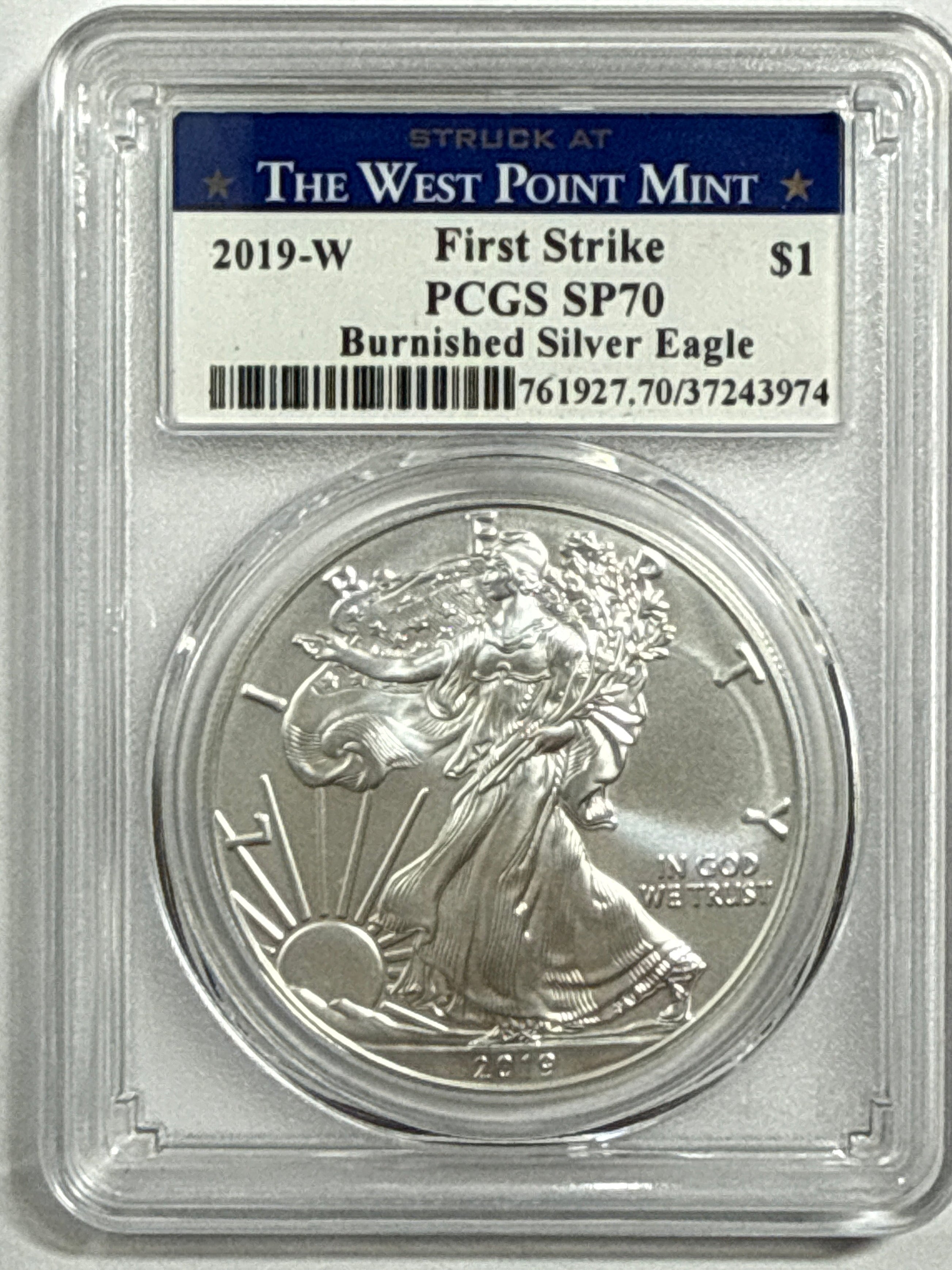 2019-W Burnished American Silver Eagle PCGS SP70 First Strtike WP Label
