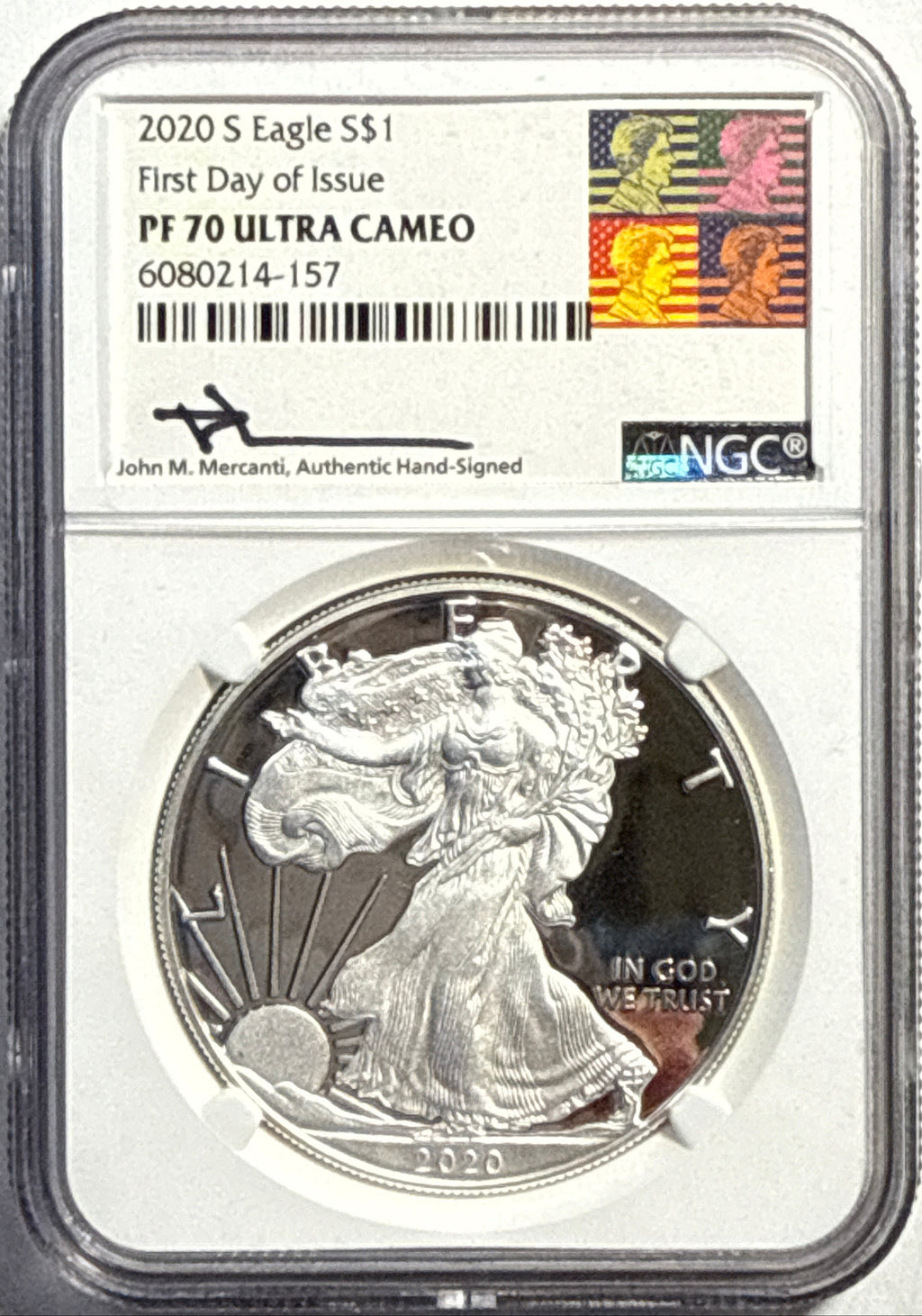 2020-S American Silver Eagle $1 NGC FDI PF70 UCAM Mercanti Hand-Signed.