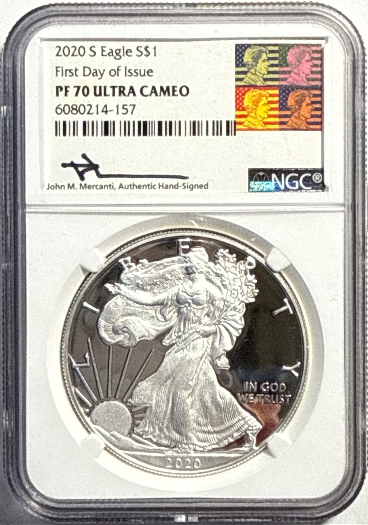 2020-S American Silver Eagle $1 NGC FDI PF70 UCAM Mercanti Hand-Signed.