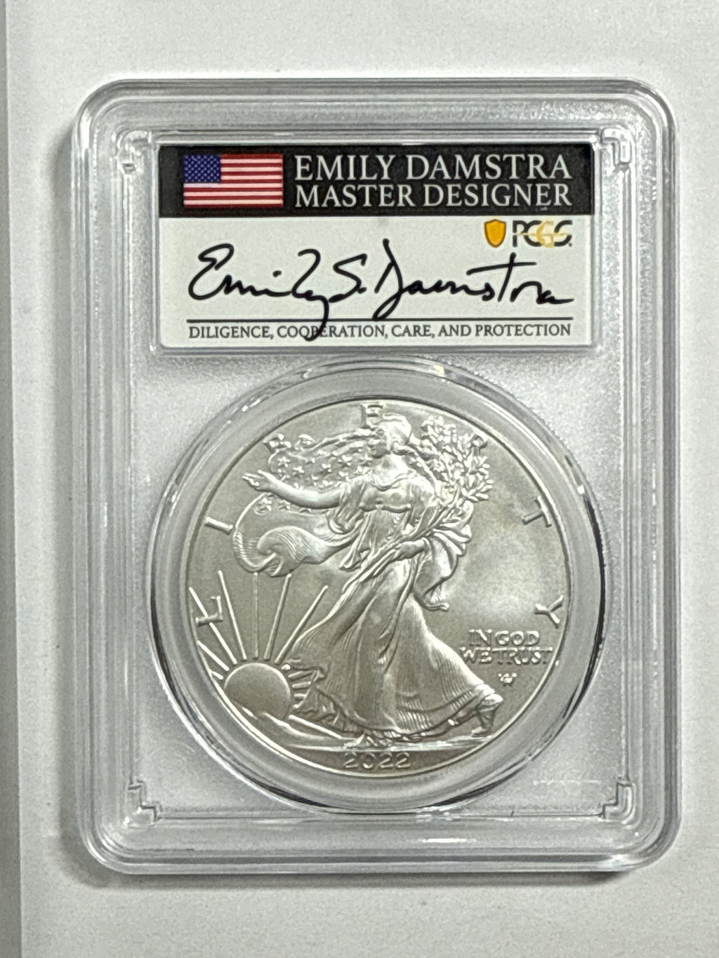 2022-W Burnished American Silver Eagle PCGS SP70 FDOI Emily Damstra