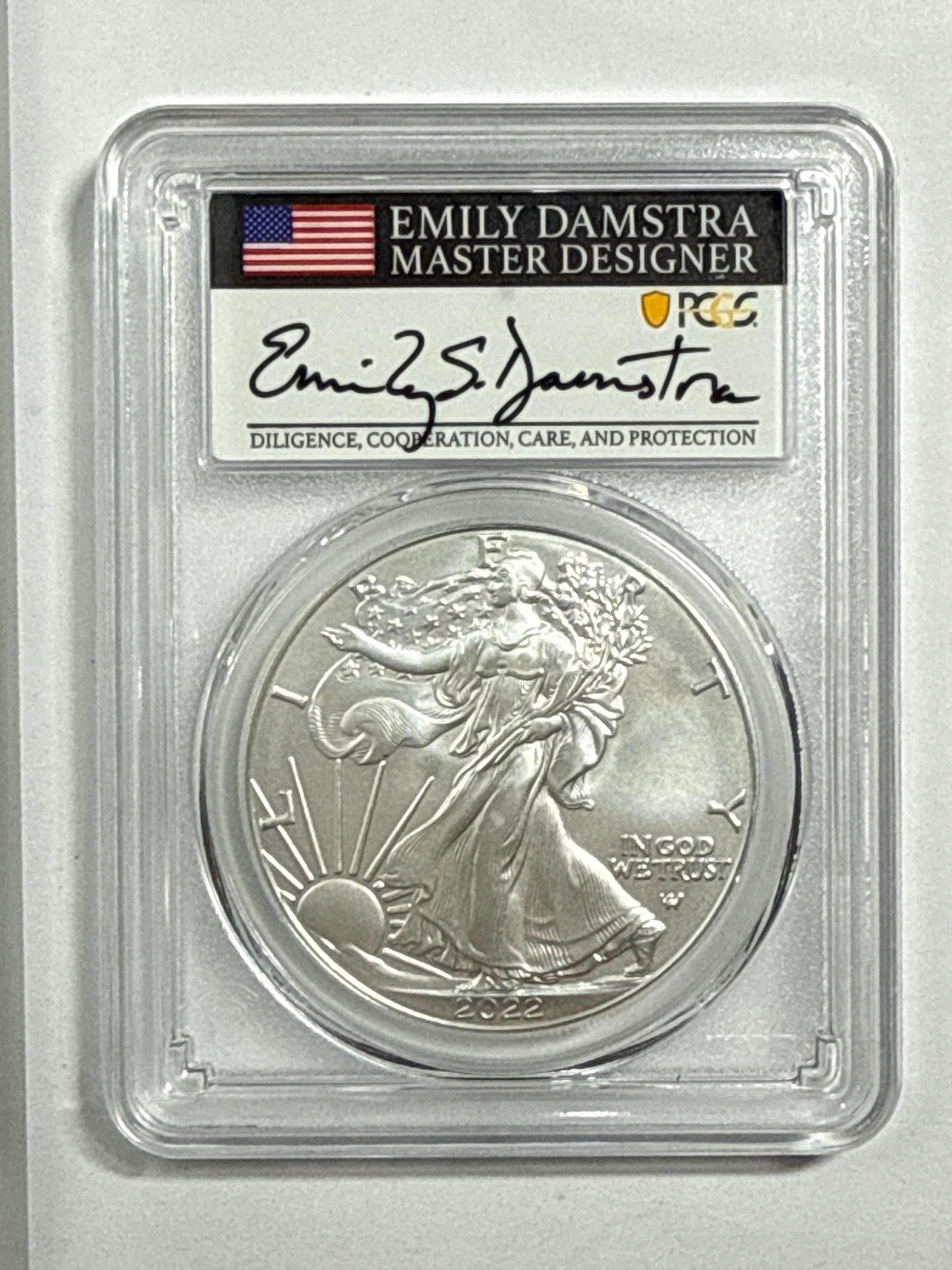 2022-W Burnished American Silver Eagle PCGS SP70 FDOI Emily Damstra