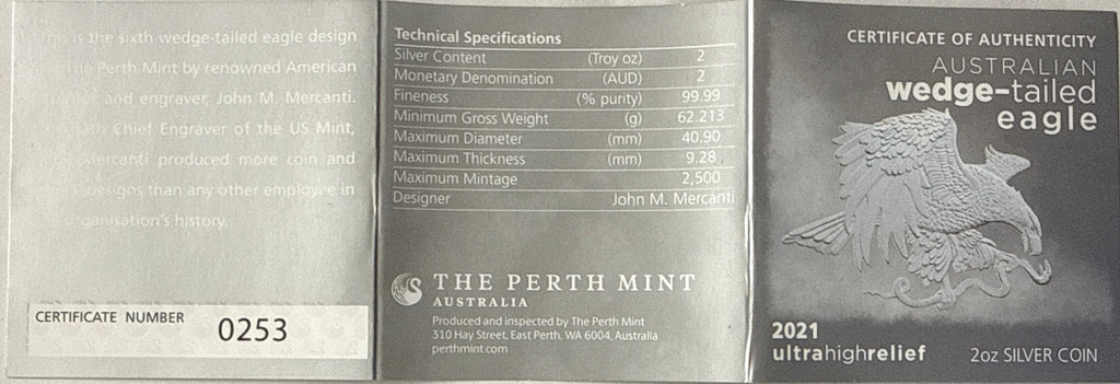 2021P Australia $2 .999 Silver Wedge-Tailed Eagle NGC  Ultra High Relief FDI REV PF70 Mercanti