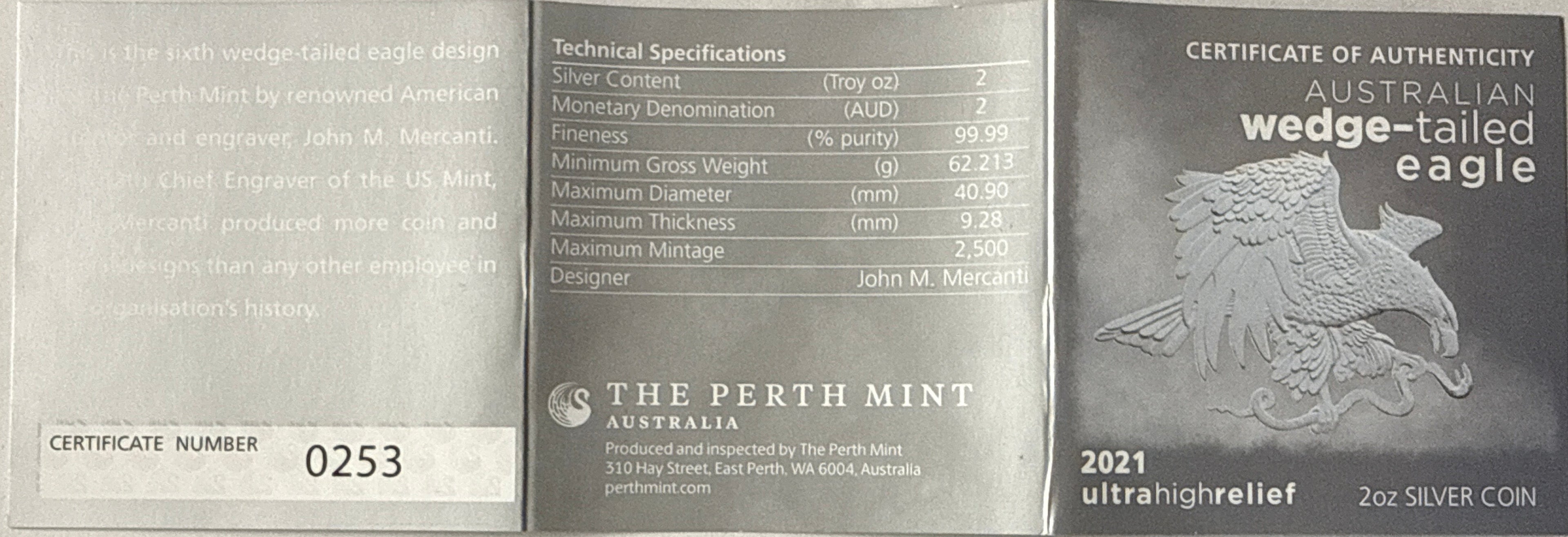 2021P Australia $2 .999 Silver Wedge-Tailed Eagle NGC  Ultra High Relief FDI REV PF70 Mercanti