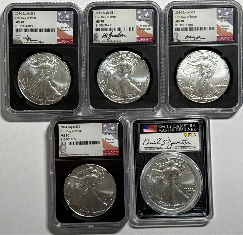 2024 American Silver Eagle 5-Coin Set NGC FDOI MS70 Mercanti/Ryder/Jones/Gaudioso/Damstra