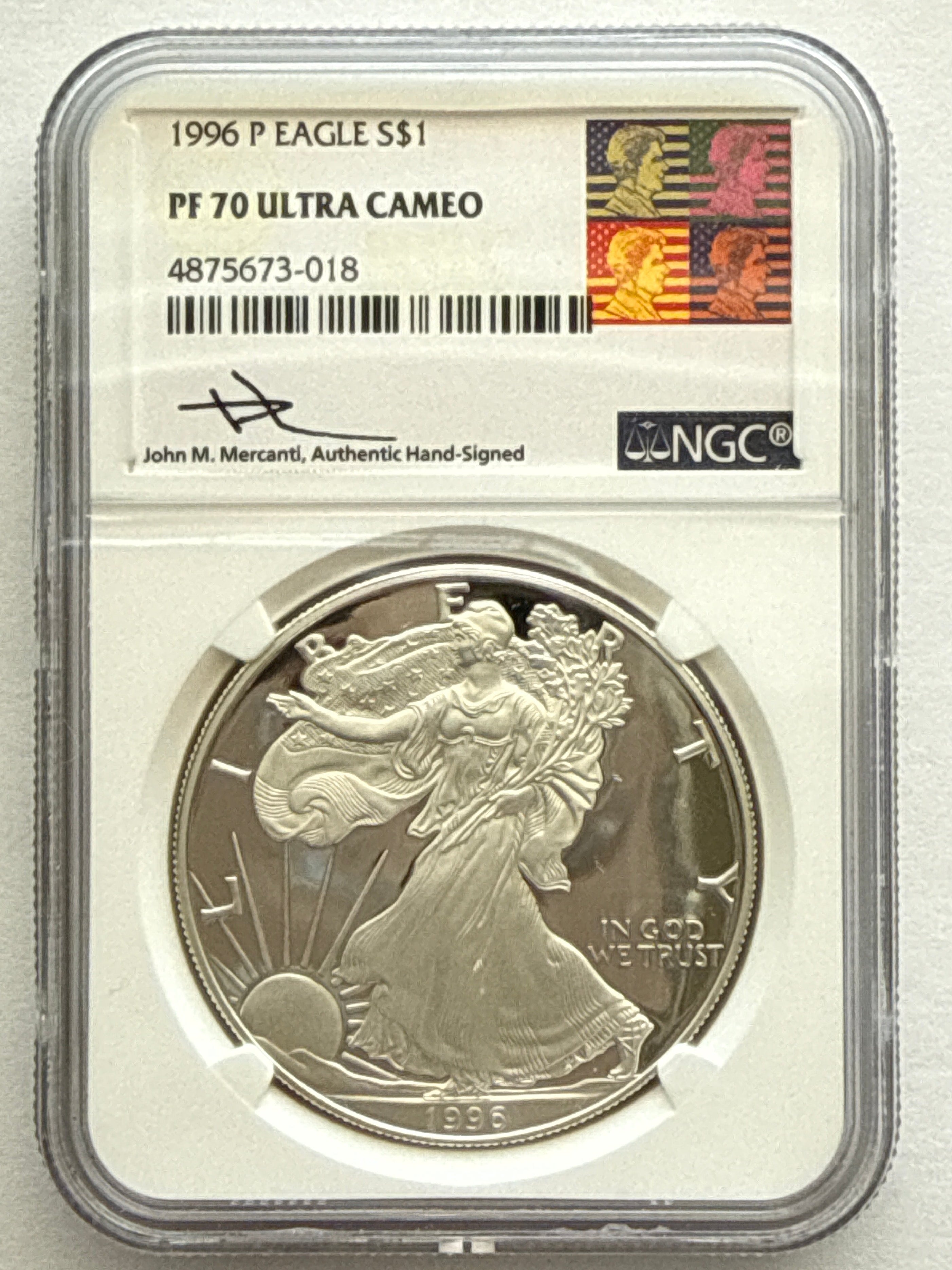 1996-P American Silver Eagle NGC 1 oz PF70 UCAM  J. M. Mercanti hand signed pop #18 Art Label