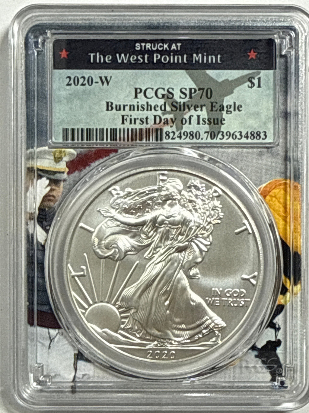 2020-W Burnished American Silver Eagle PCGS SP70 FDOI WP Label