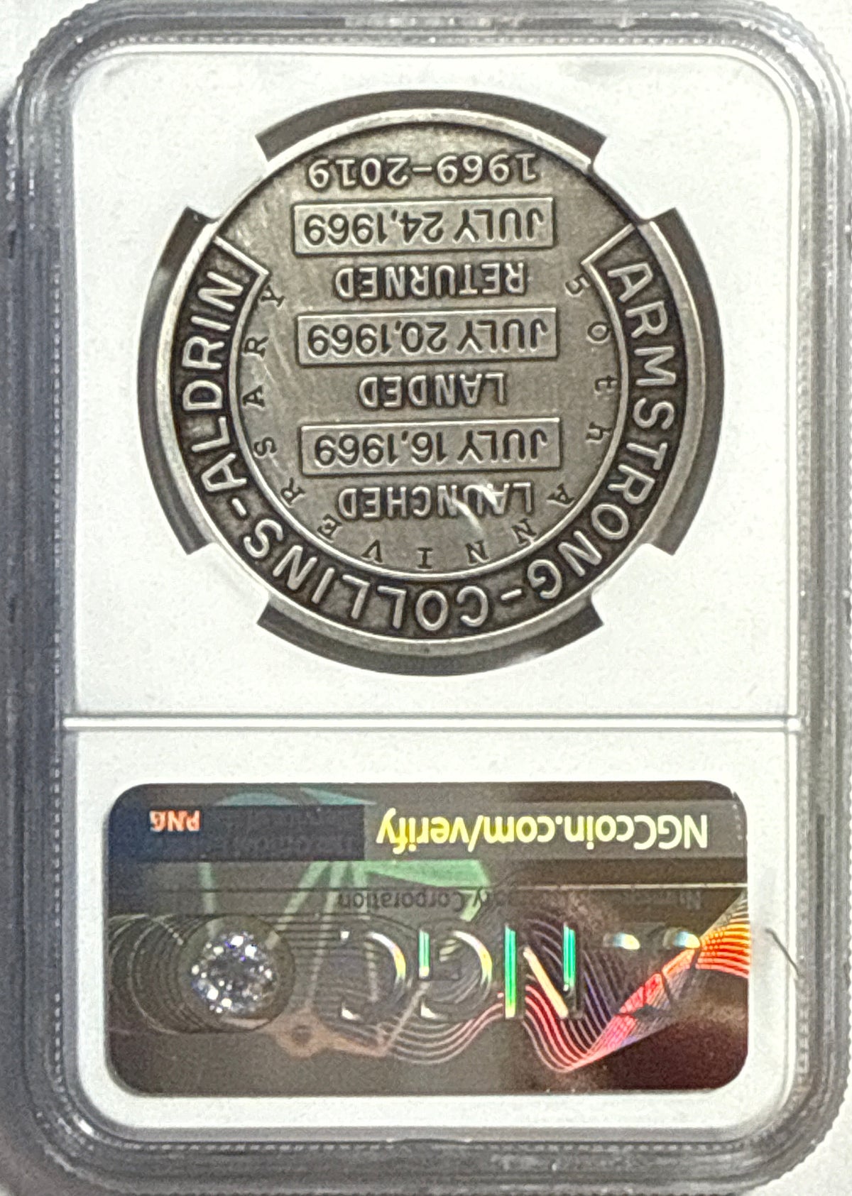 Vintage Vault: 2019 Apollo 11 50th Anniversary Robins Metal Restrike-1 oz Silver Space Flown Material NGC MS70 1-Coin Box COA