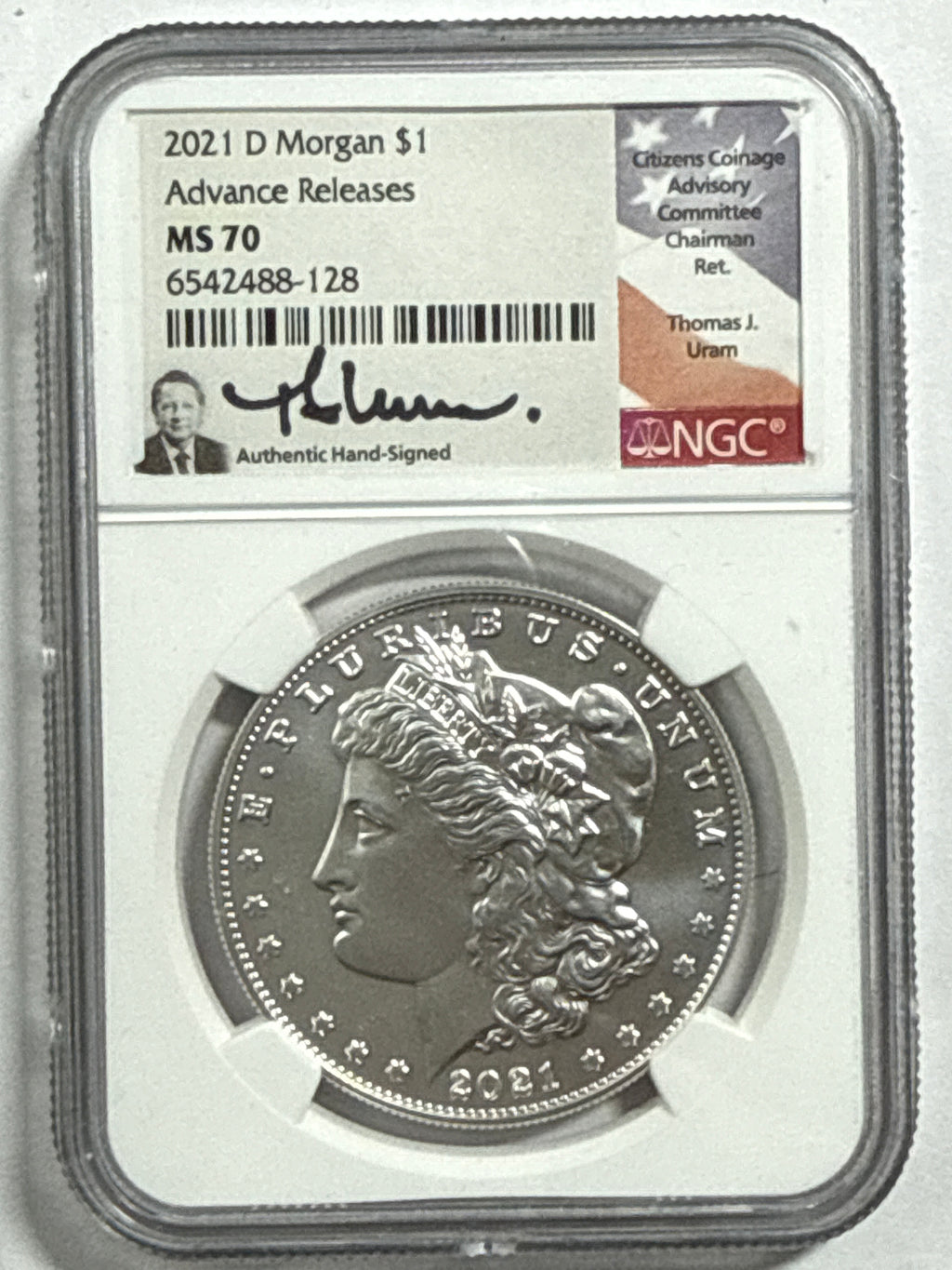 2021-CC/D/O/P/S Morgan/Peace Silver Dollar 6 piece set NGC MS70 Advance Release Thomas Uram Hand Signed