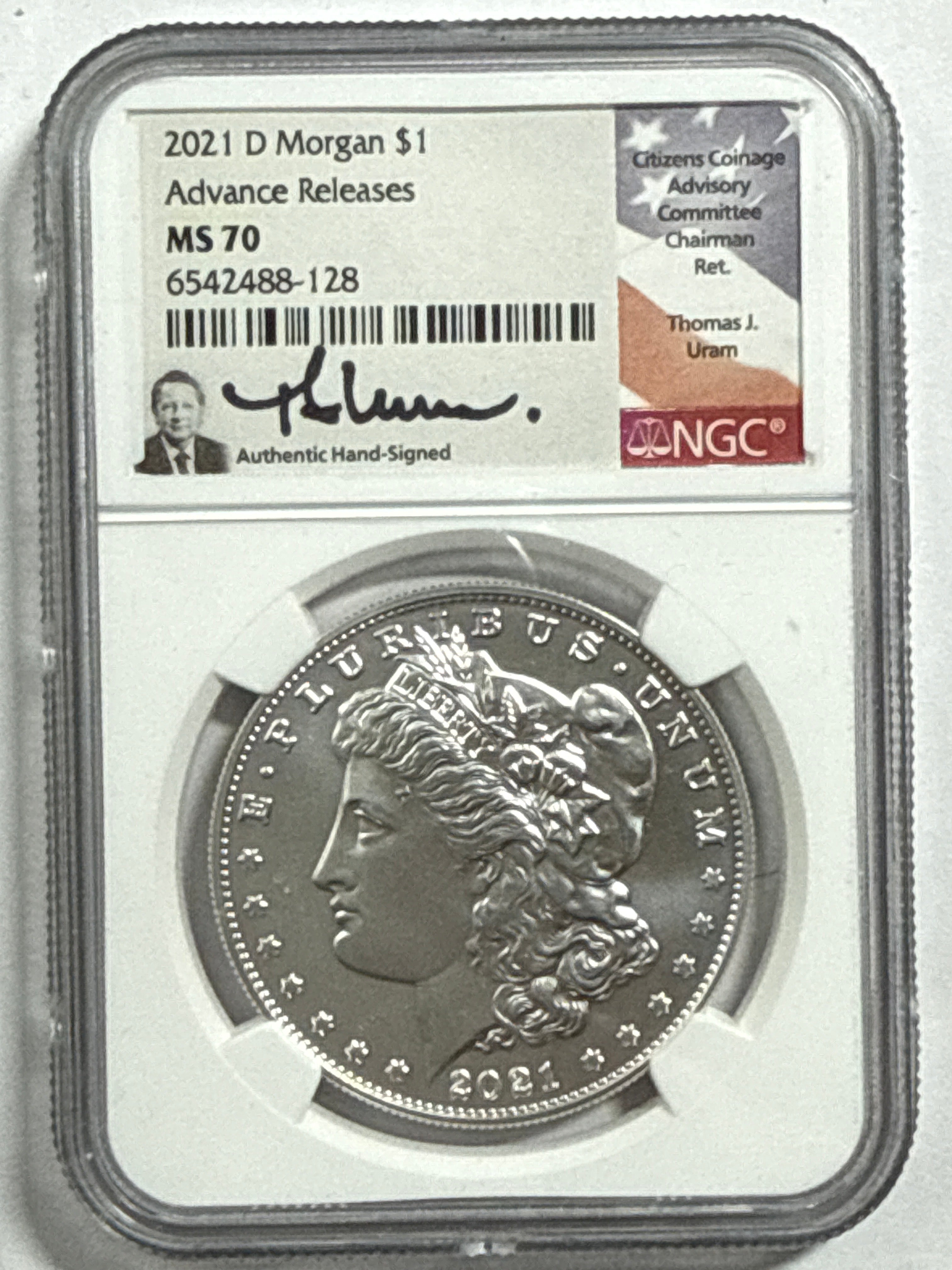 2021-CC/D/O/P/S Morgan/Peace Silver Dollar 6 piece set NGC MS70 Advance Release Thomas Uram Hand Signed