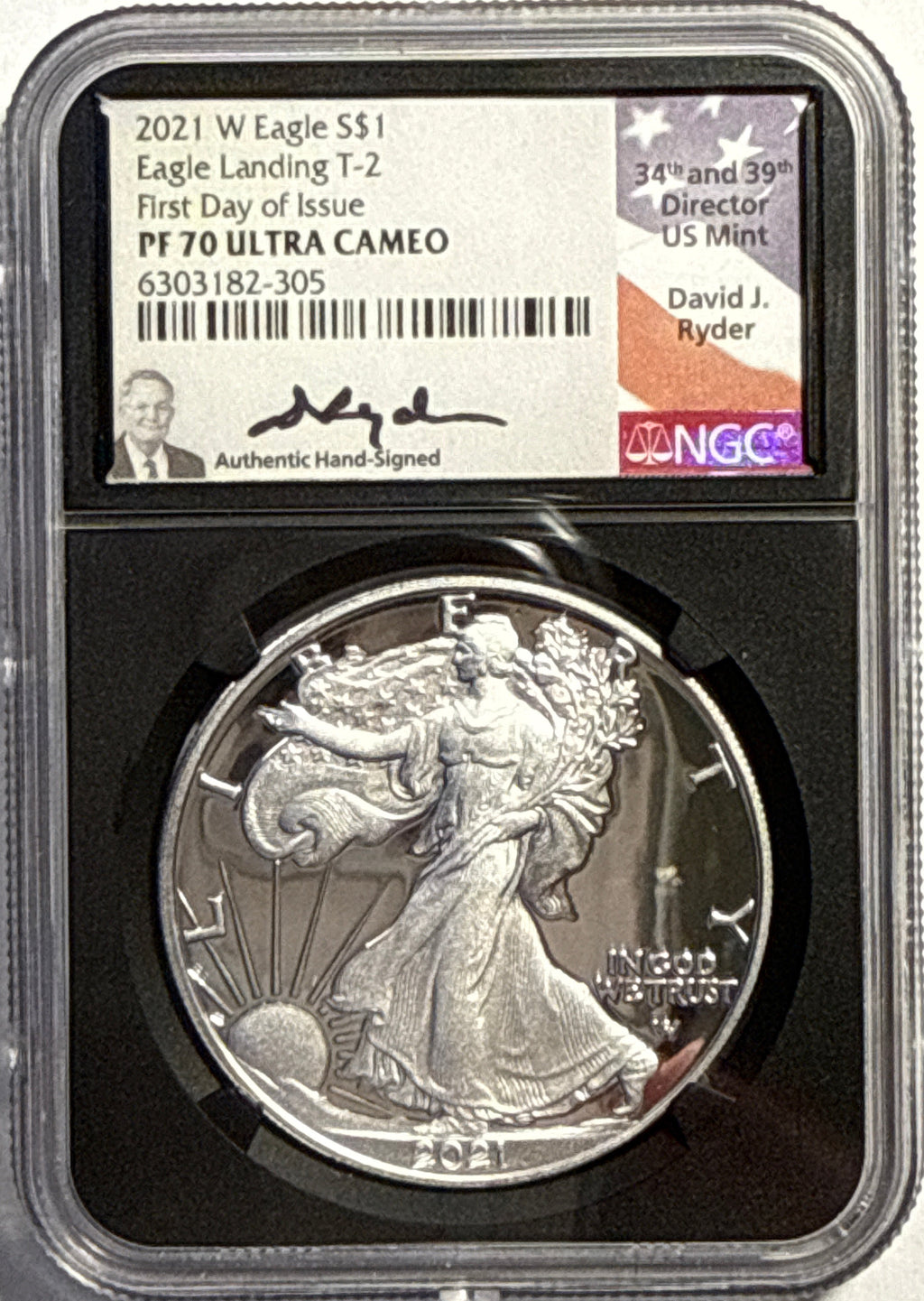 2021-W American Silver Eagle $1 Eagle Landing T-2 NGC FDI Pf70 UCAM Black Core David Ryder Hand-Sighed.
