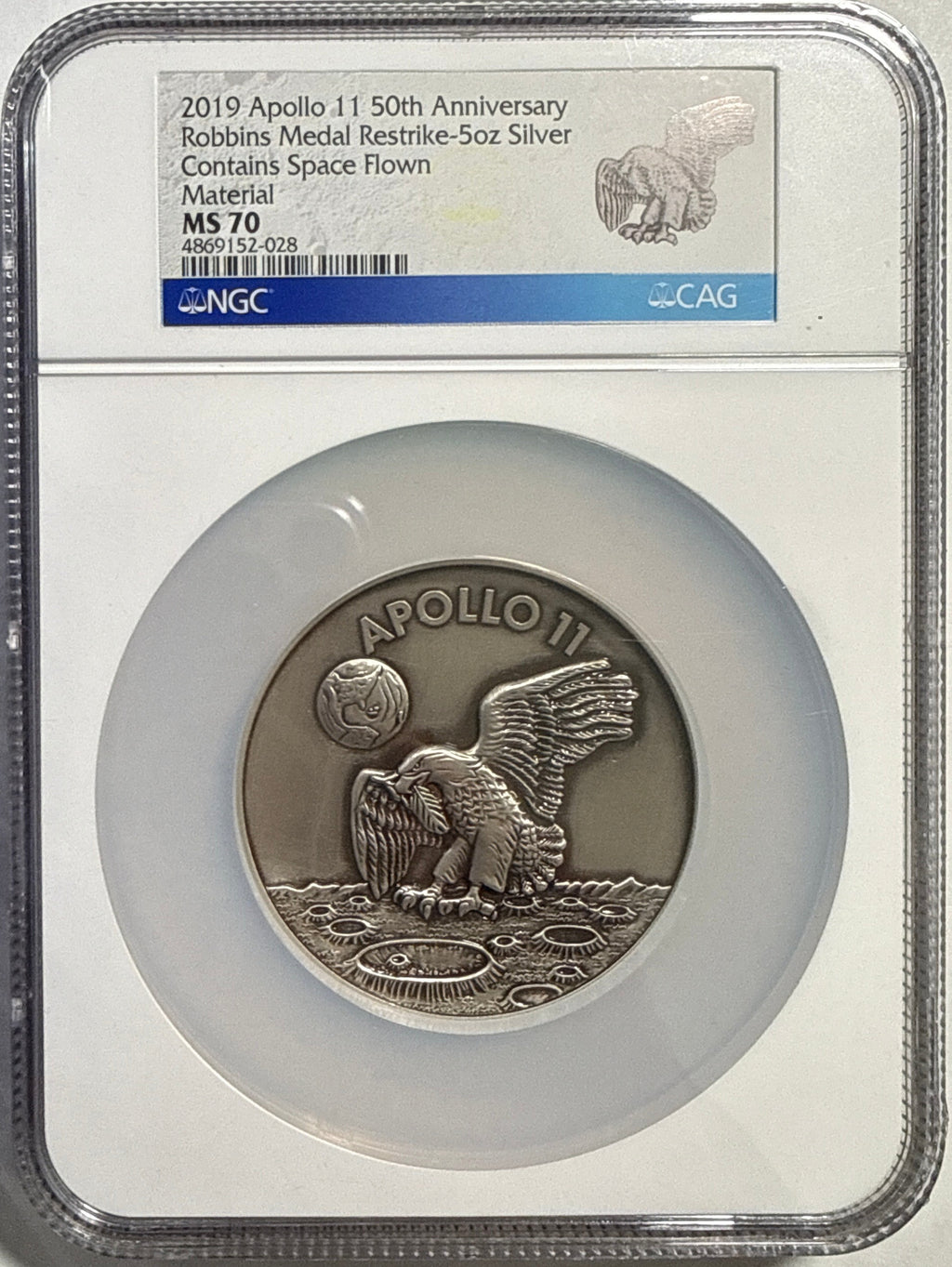 Vintage Vault: 2019 Apollo 11 50th Anniversary Robins Metal Restrike-5 oz Silver Contains Space Flown Material NGC MS70