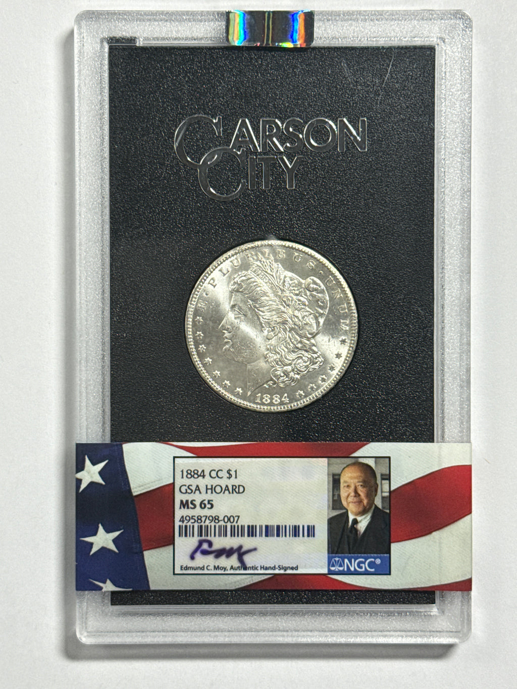 1884-CC $1 Morgan Silver Dollar NGC MS65 GSA Hoard Edmund Moy Hand Signed
