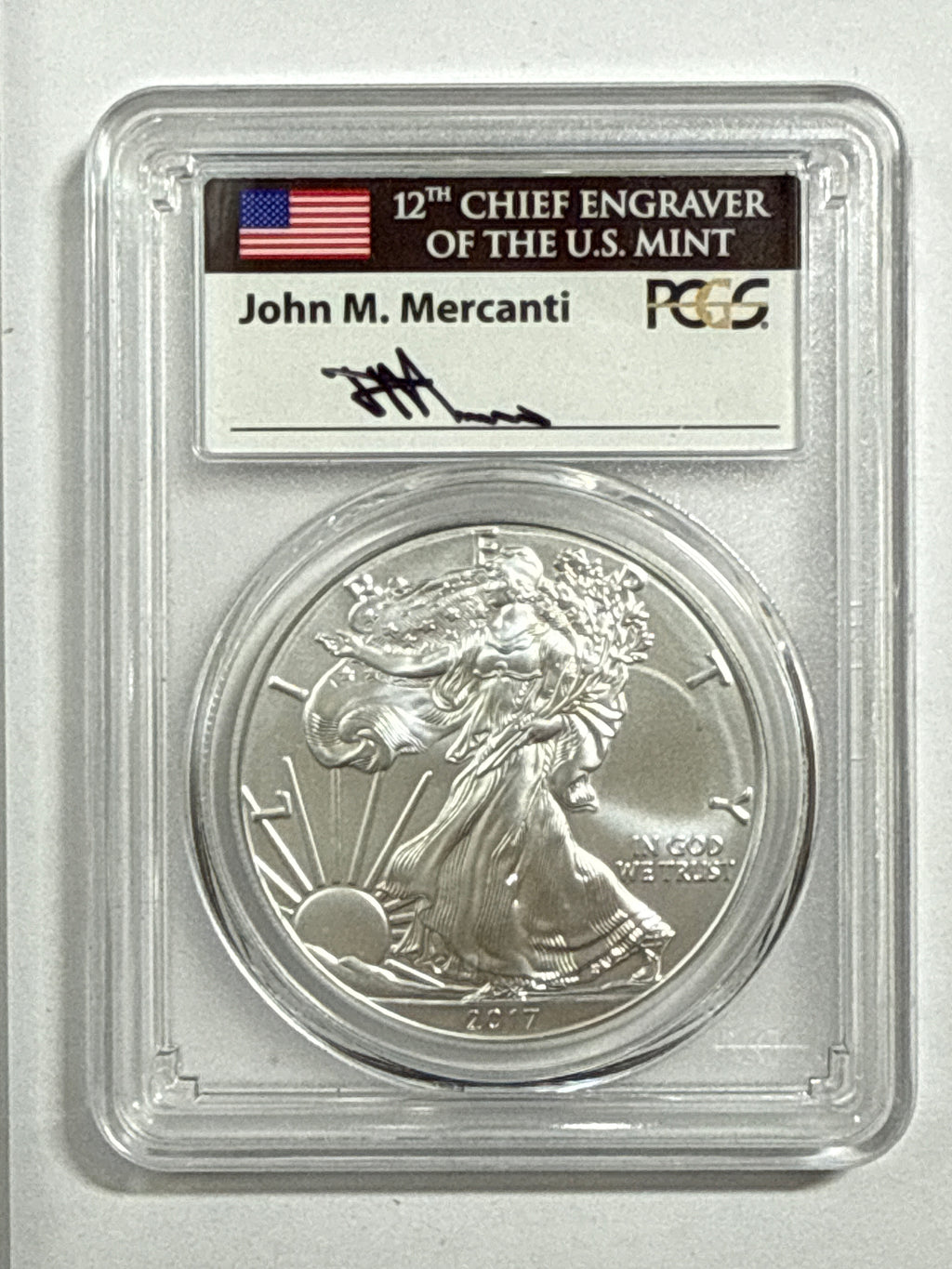 2017-W Burnished American Silver Eagle PCGS SP70 Flag Label John Mercanti