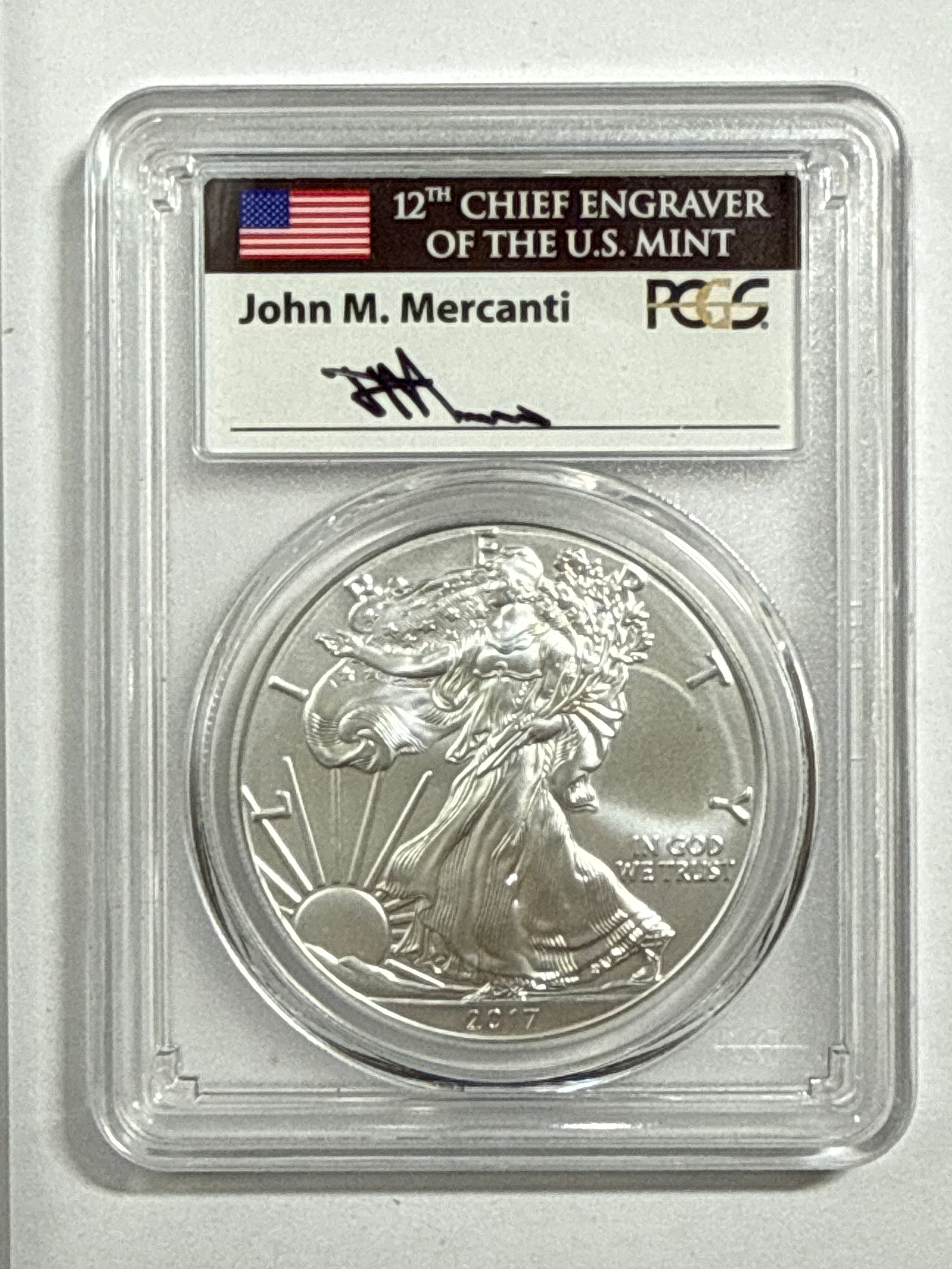 2017-W Burnished American Silver Eagle PCGS SP70 Flag Label John Mercanti