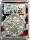 2019-W Burnished American Silver Eagle PCGS SP70 FDOI Flag Label