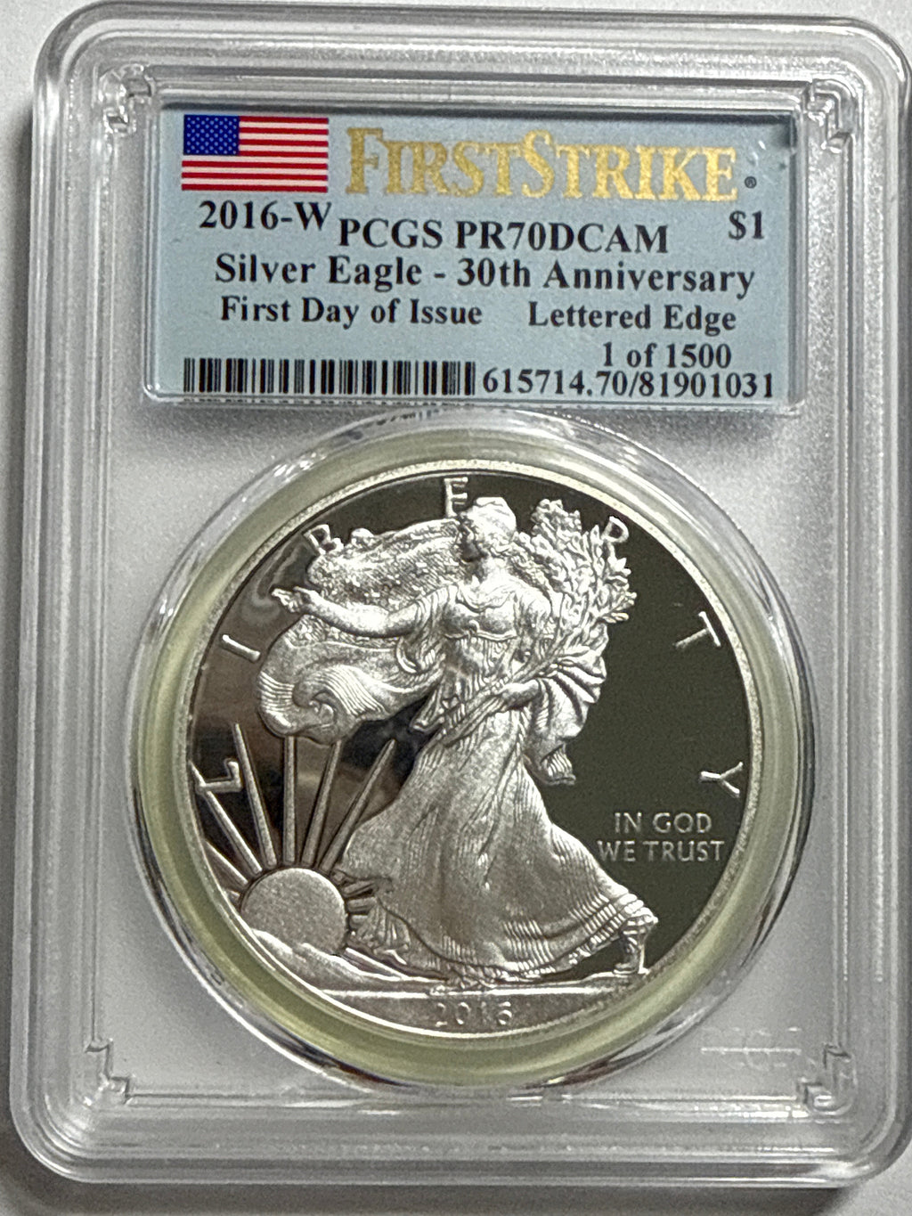 2016-W American Silver Eagle PCGS FS PR70 DCAM 30th Anniversary FDOI LE 1 of 500