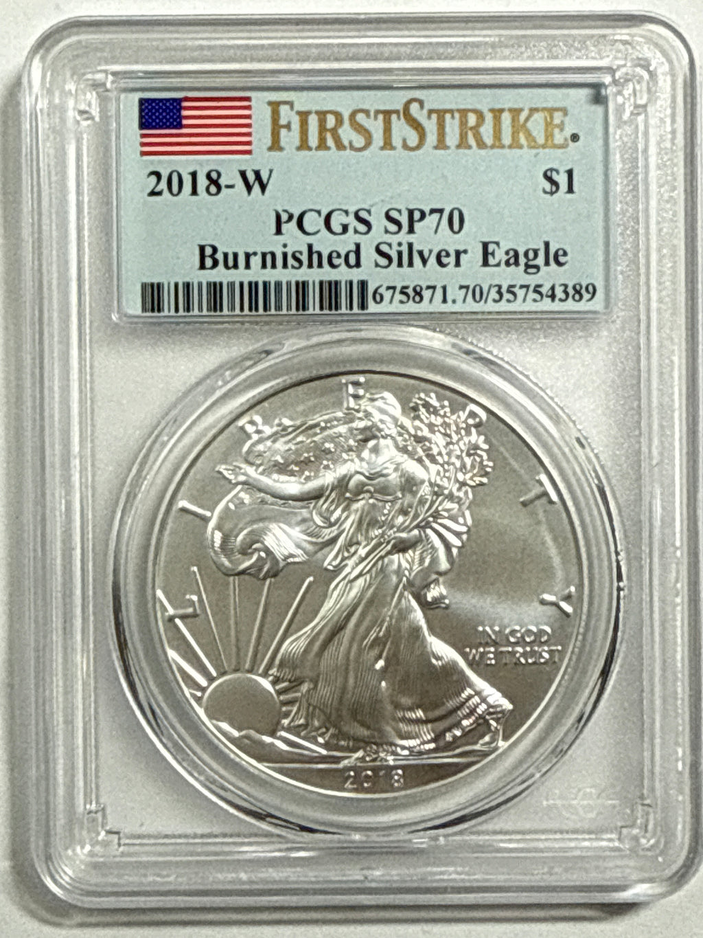 2018-W Burnished American Silver Eagle PCGS SP70 FS Flag Label