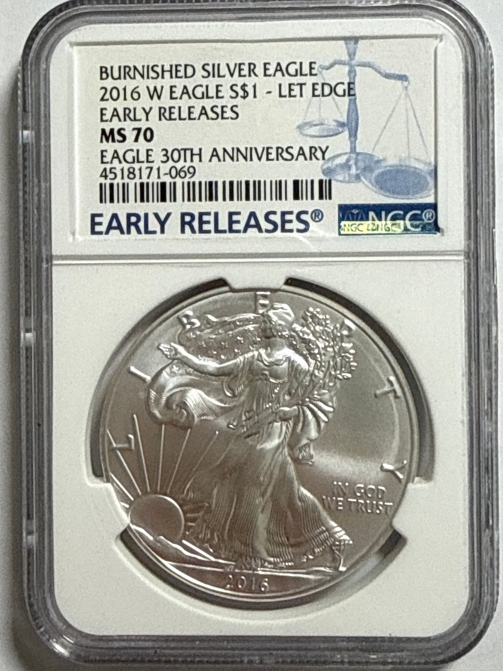 2016-W Burnished American Silver Eagle NGC MS70 Early Release 30 Anniversary