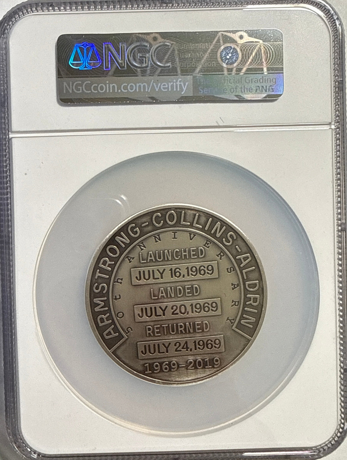 Vintage Vault: 2019 Apollo 11 50th Anniversary Robins Metal Restrike-5 oz Silver Contains Space Flown Material NGC MS70