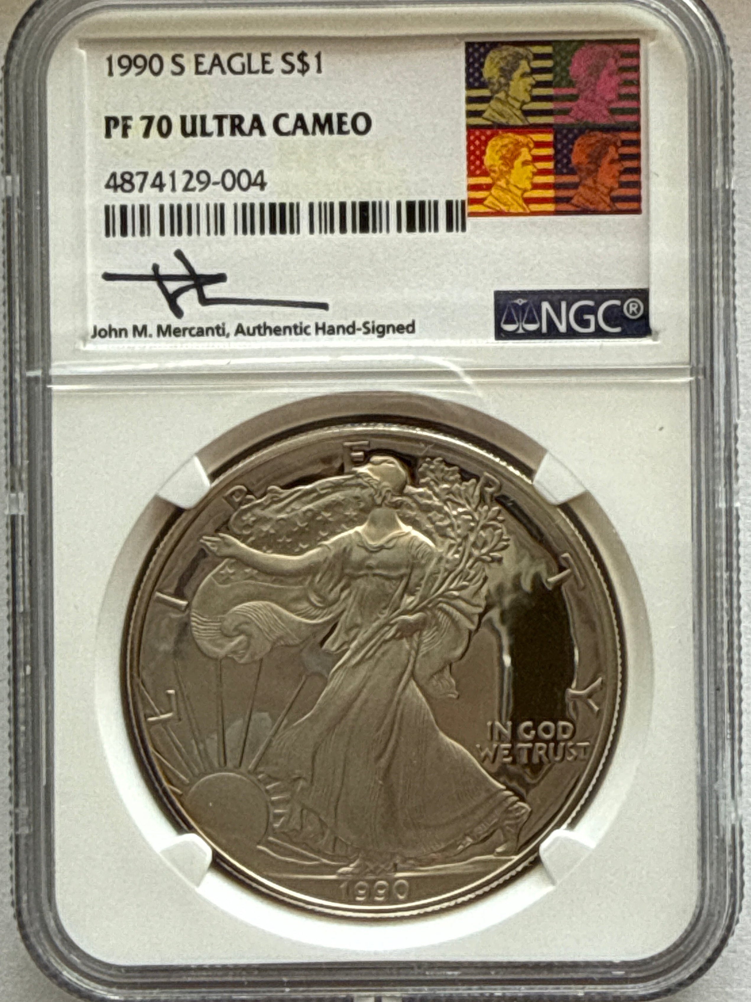 1990-S American Silver Eagle NGC 1 oz PF70 UCAM  J. M. Mercanti hand signed pop #4 Art Label