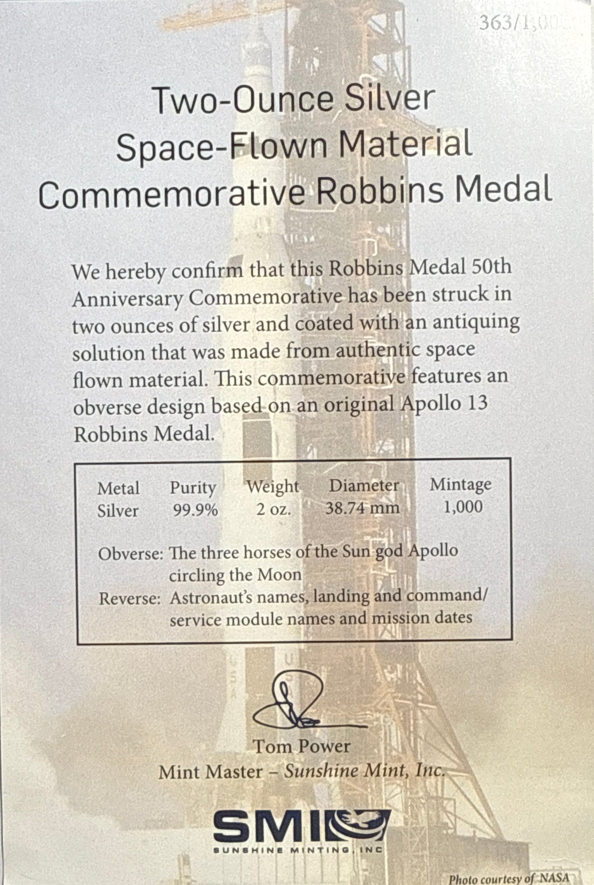 Vintage Vault: 2020 Apollo 13 2 oz Silver 50th Anniversary Robbins Medal Restrike With Space Flown Material NGC MS70