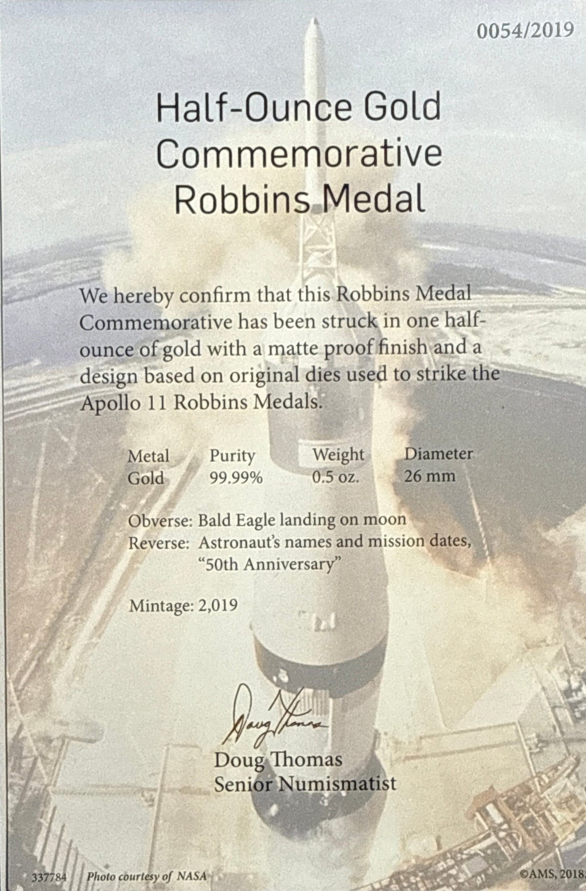 Vintage Vault: 2019 Apollo 11  50th Anniversary Robbins Metal Restrike - 1/2 oz Gold NGC FDI PF70 Matte 1-Coin Box COA