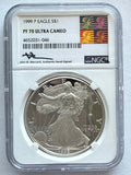 1999-P American Silver Eagle NGC 1 oz PF70 UCAM  J. M. Mercanti hand signed Art Label