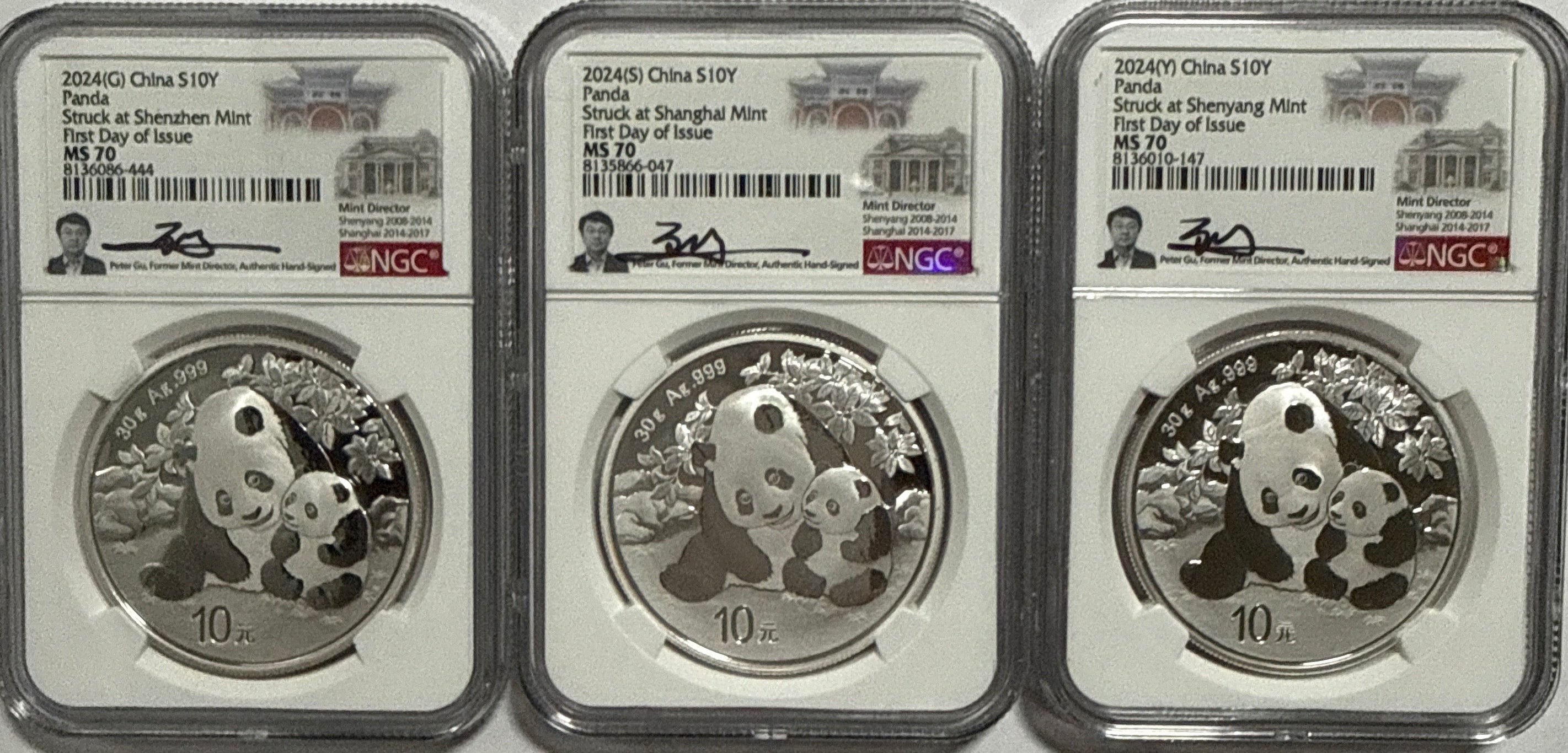 2024 (G/S/Y) China Silver Panda 10 Yuan 3 Coin Box Set  NGC First Release MS70 FDOI Struck at(Shenzhen/Shanghai/Shenyang Mints) Peter Gu