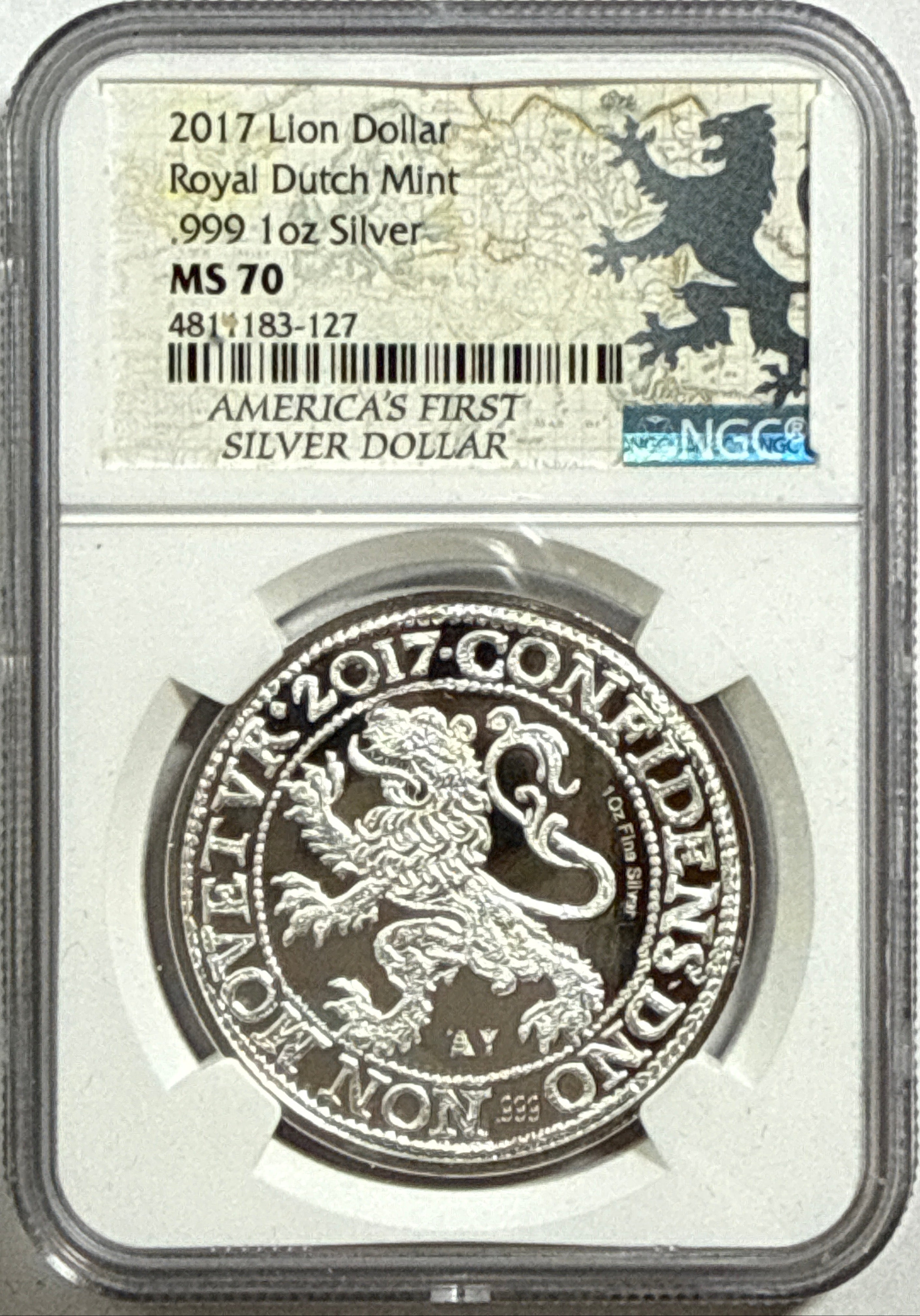 2017 Lion Dollar NGC Royal Dutch Mint .999 1 OZ Silver MS70