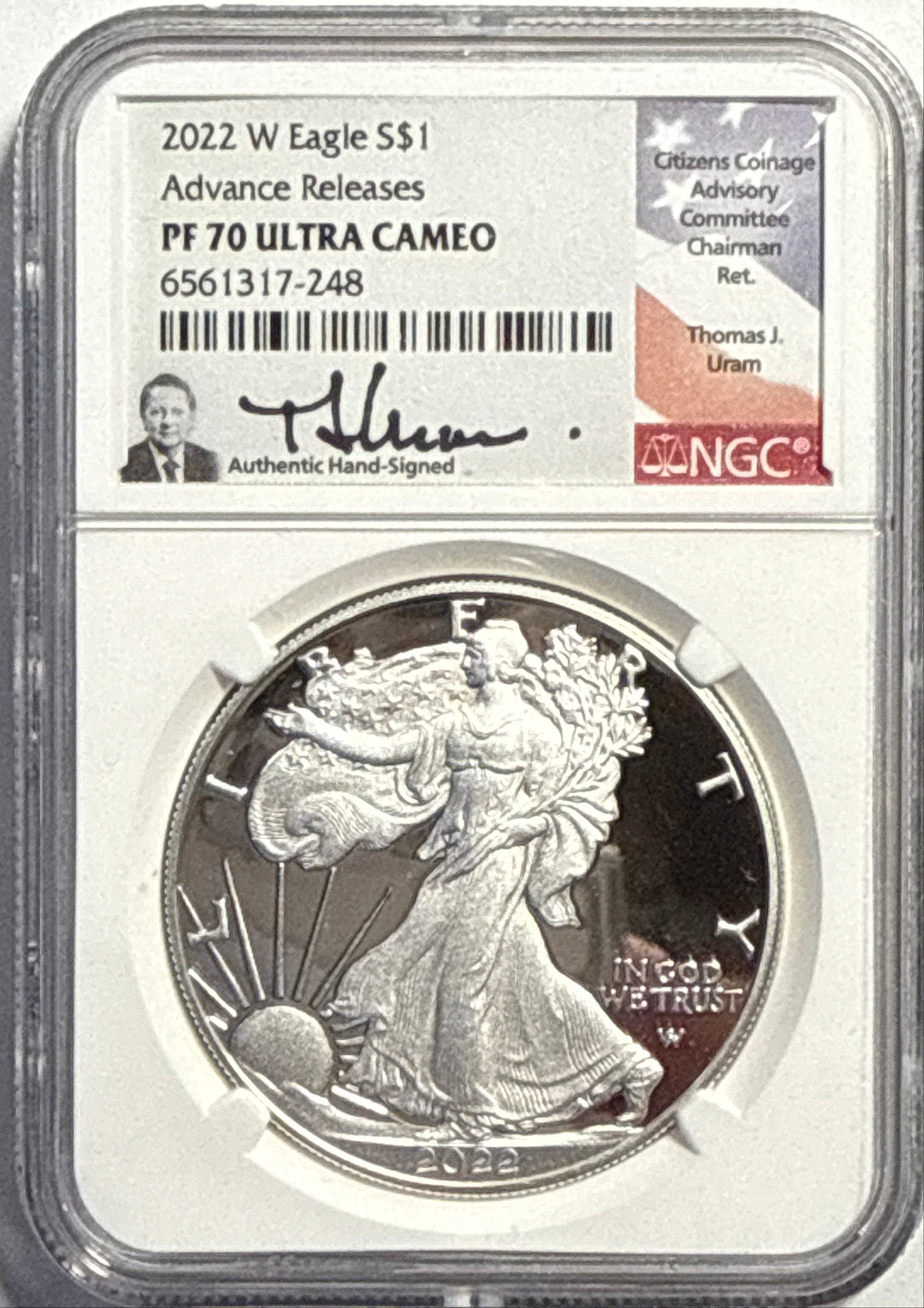 2022-W American Silver Eagle $1 NGC Adv Rel PF70 UCAM Thomas Uram Hand-Signed