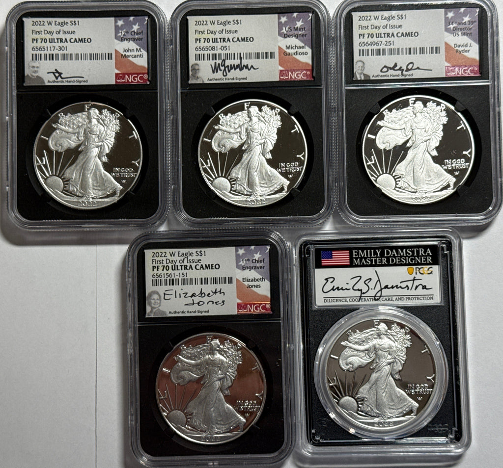 2022-W. American Silver Eagle 5-Coin Box Set NGC/PCGS FDOI PF70 UCAM/PR70 DCAM Mercanti/Jones/Gaudioso/Ryder/Damstra