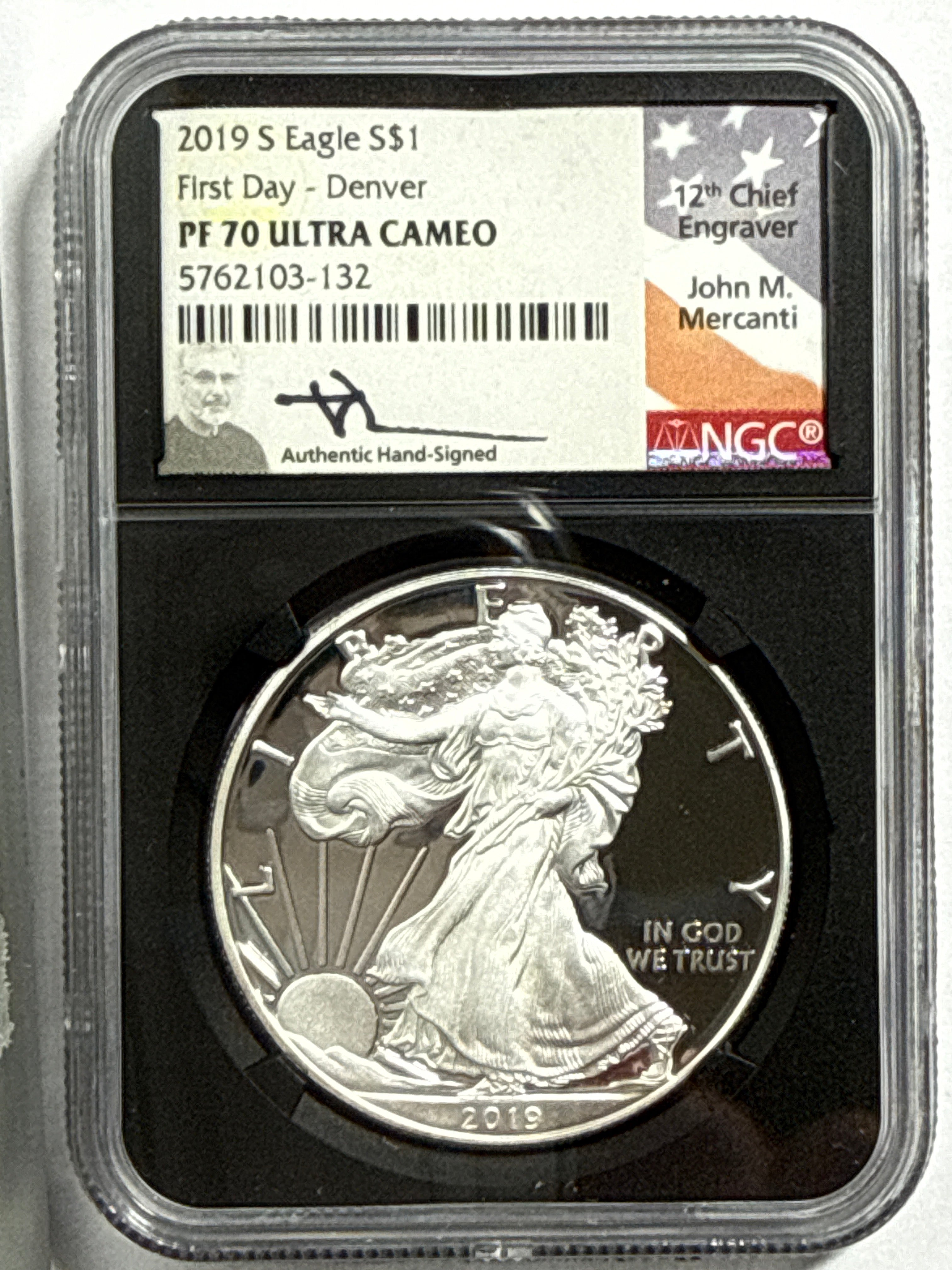 2019-S Ameican Silver Eagle 3 Piece Set NGC PF70 UCAM First Day - Denver/Philadelphia/Washington John Mercanti Hand Signed