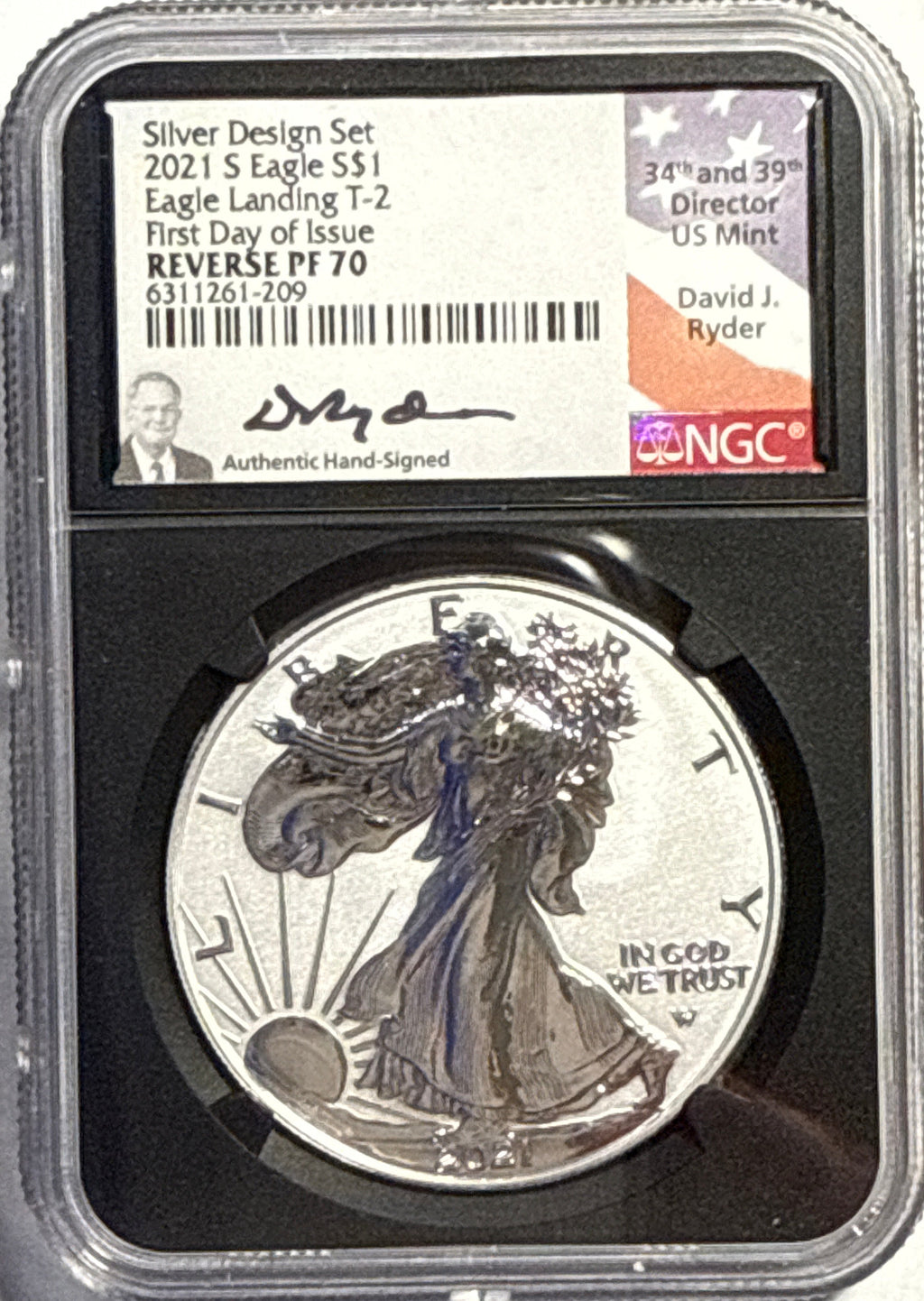2021-S American Silver Eagle $1 Eagle Landing T-2 NGC FDI Reverse PF70 Black Core David Ryder.