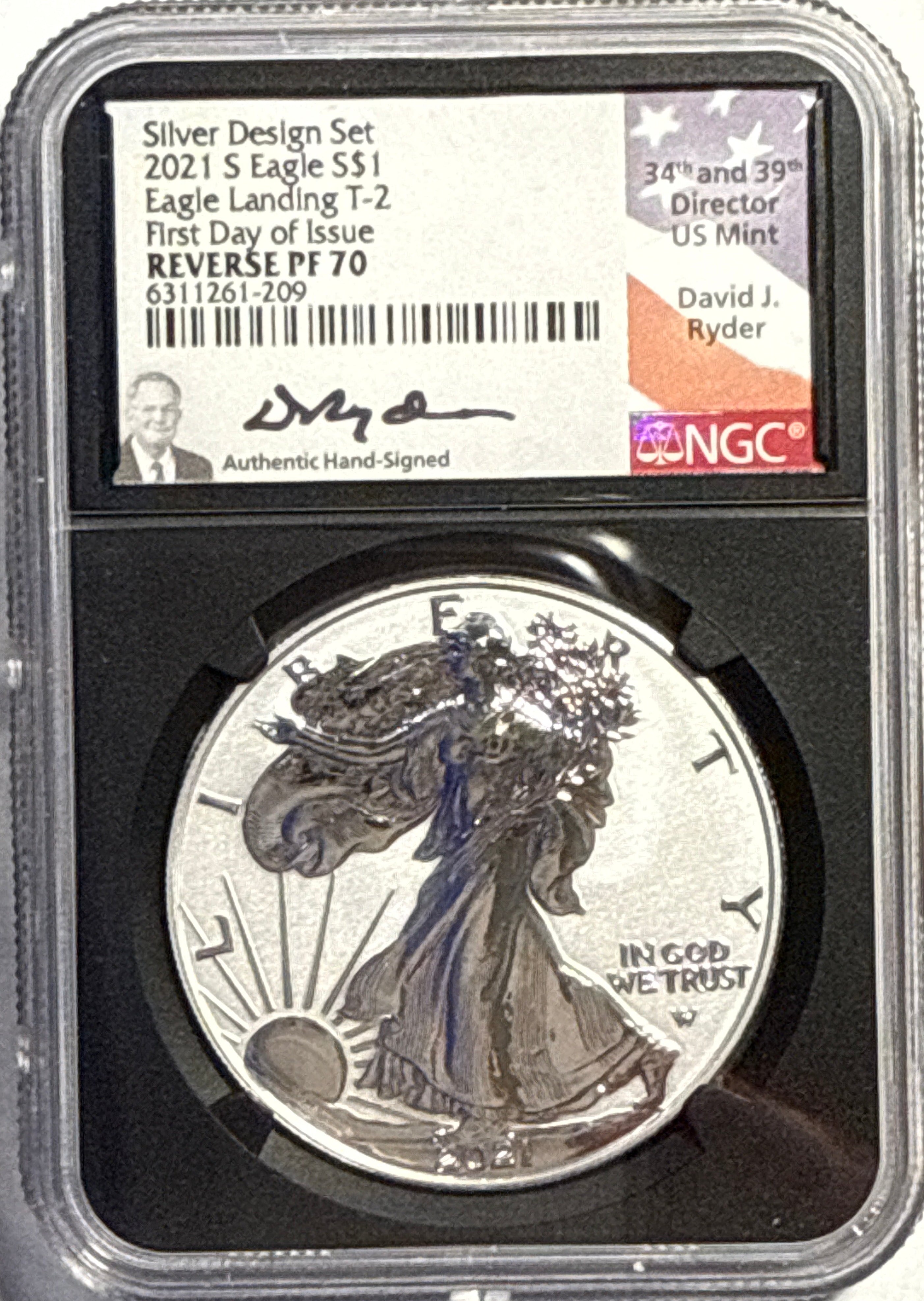 2021-S American Silver Eagle $1 Eagle Landing T-2 NGC FDI Reverse PF70 Black Core David Ryder.
