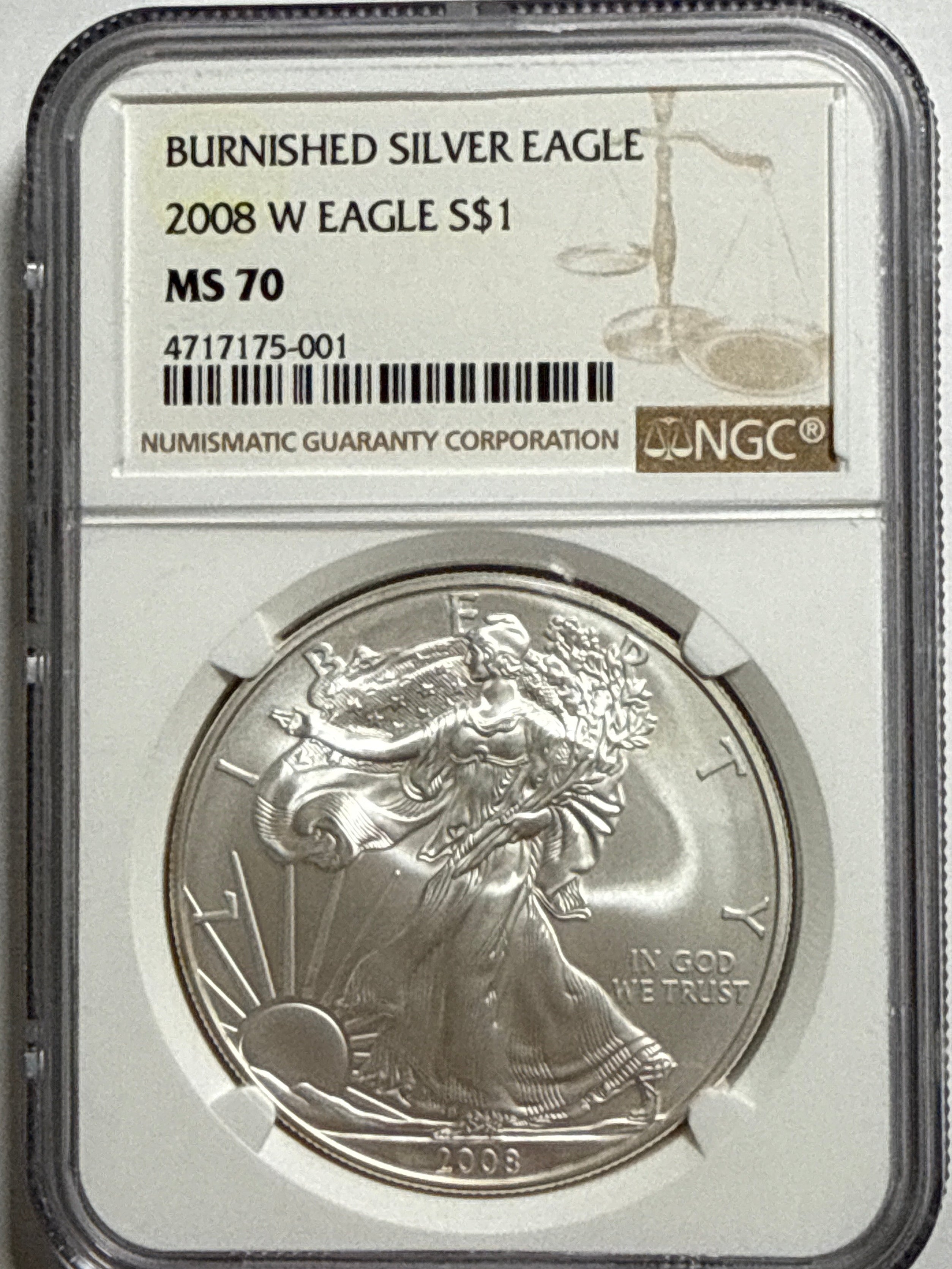 2008-W Burnished American Silver Eagle NGC MS70 Brown Label