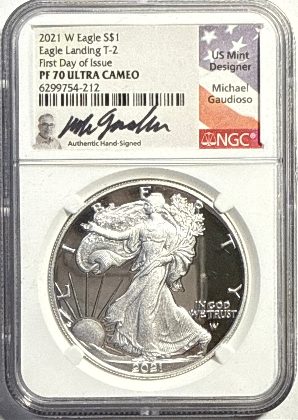 2021-W American Silver Eagle $1 Eagle Landing T-2 NGC FDI PFG70 UCAM Michael Gaudioso Hand-Signed