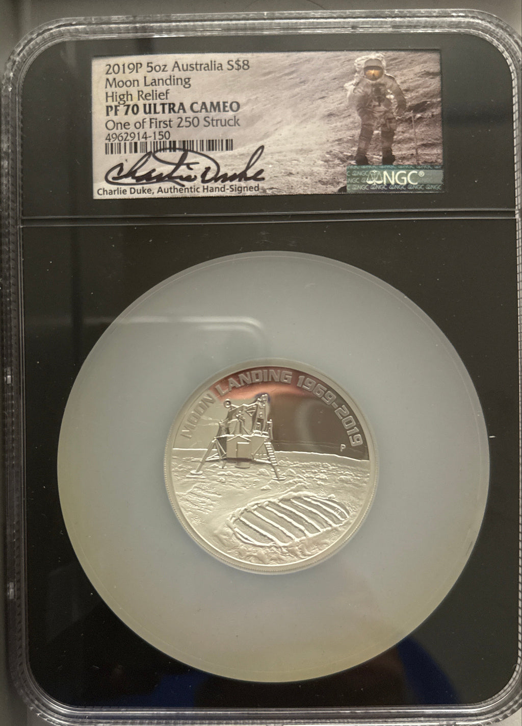 2019P Australia Moon Landing 5 oz .999  $8 NGC High Relief PF70 UCAM Coin #50 Charlie Duke Hand Signed