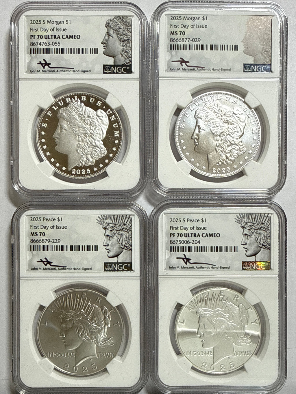 2025-P/S Morgan/Peace Silver Dollar 4 Piece Set NGC FDOI MS70/PF70 UCAM John Mercanti Hand Signed
