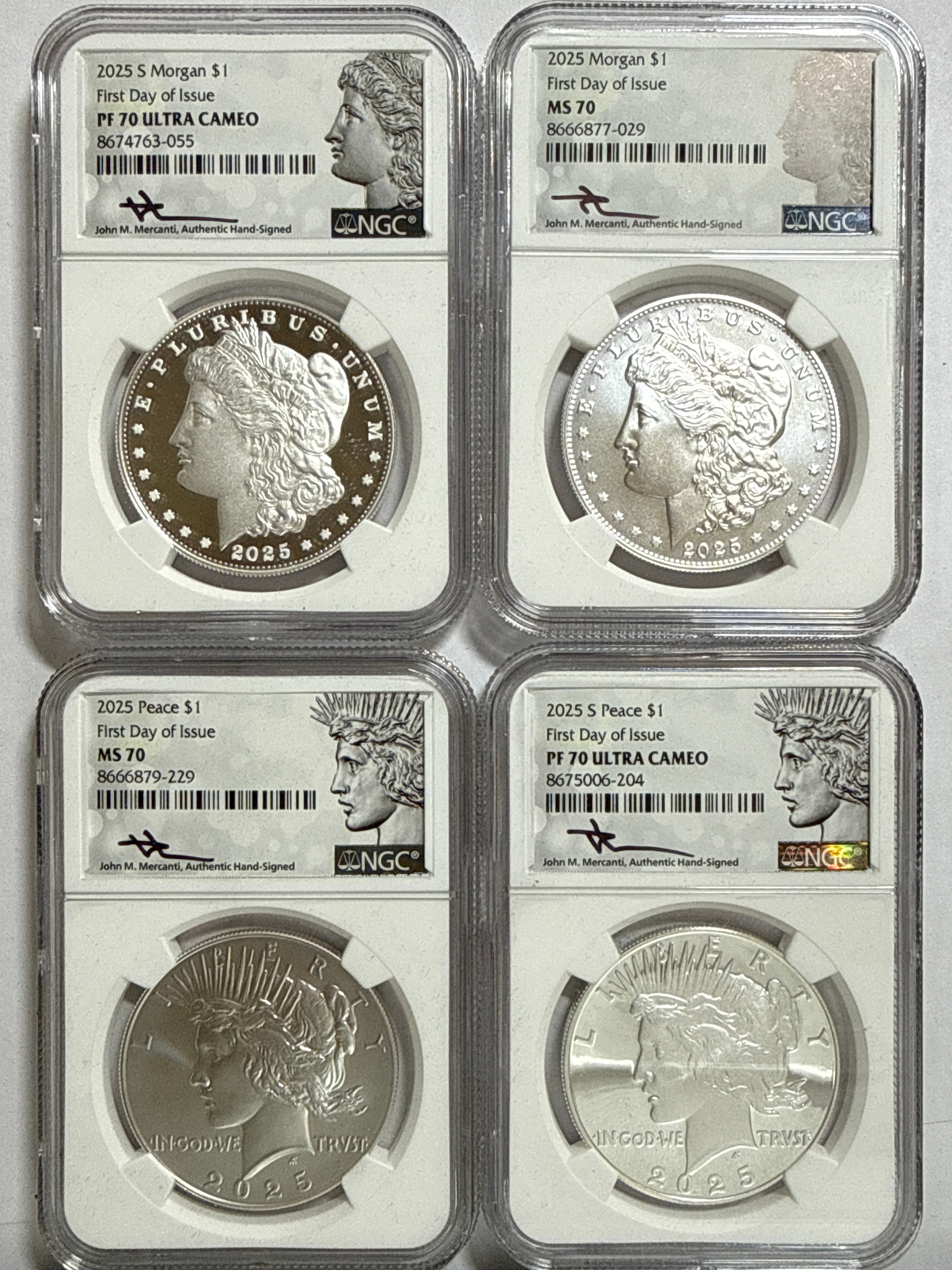 2025-P/S Morgan/Peace Silver Dollar 4 Piece Set NGC FDOI MS70/PF70 UCAM John Mercanti Hand Signed
