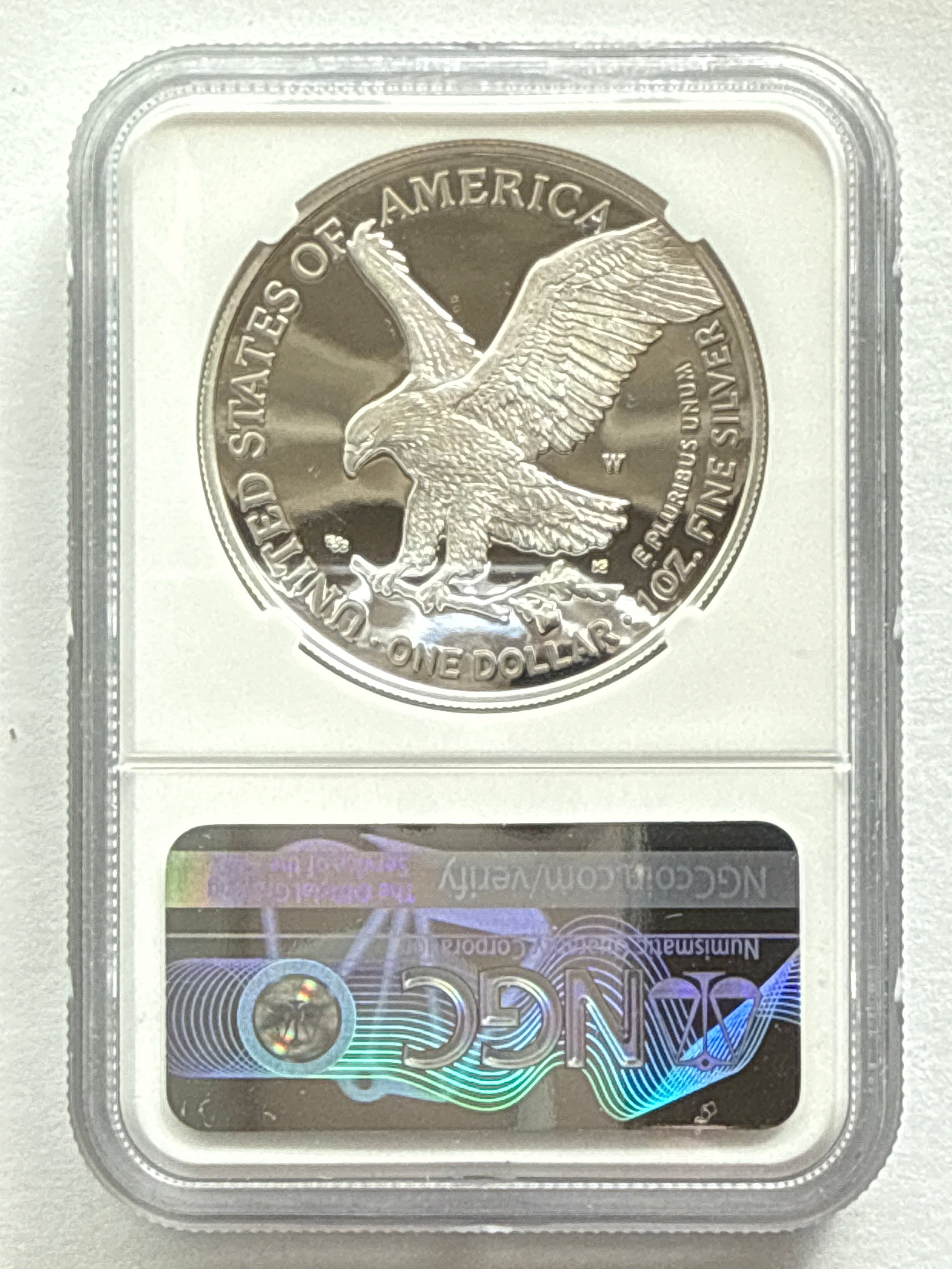 2021-W American Silver Eagle NGC 1 oz PF70 UCAM Advance Release Eagle Landing T-2 M. Gaudioso Art Label