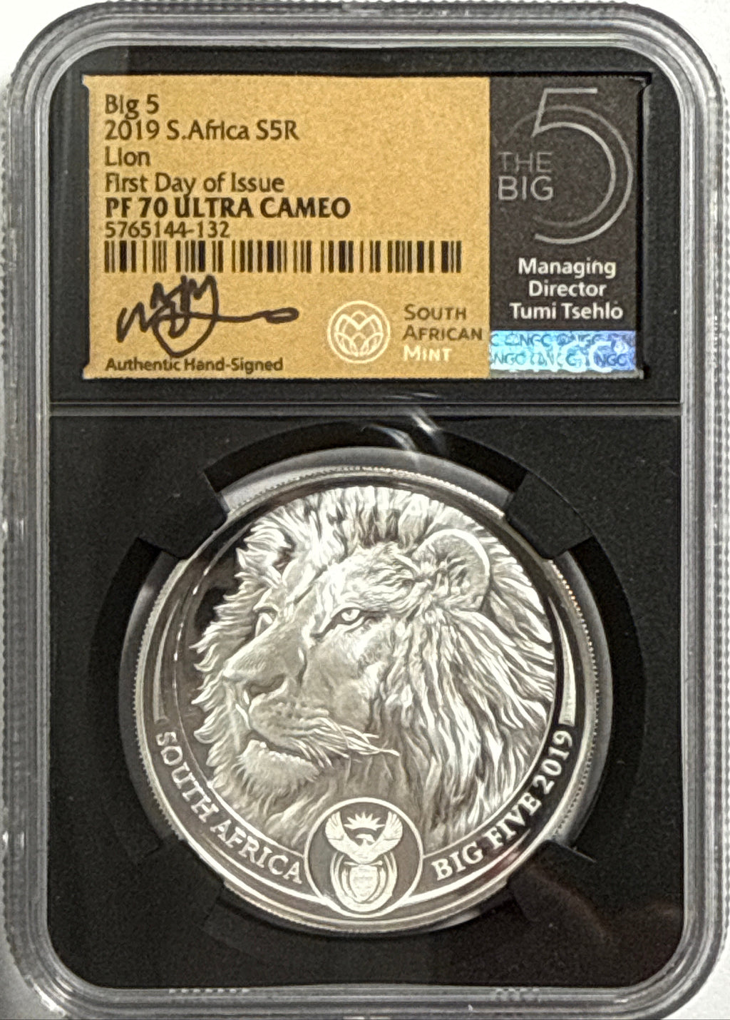 2019/2020/2021/ South Africa NGC FDI PF70 UCAM S5R Big 5 Elephant/Lion/Rhino/Spotted Leopard/Buffalo Tumi Tsehio signed