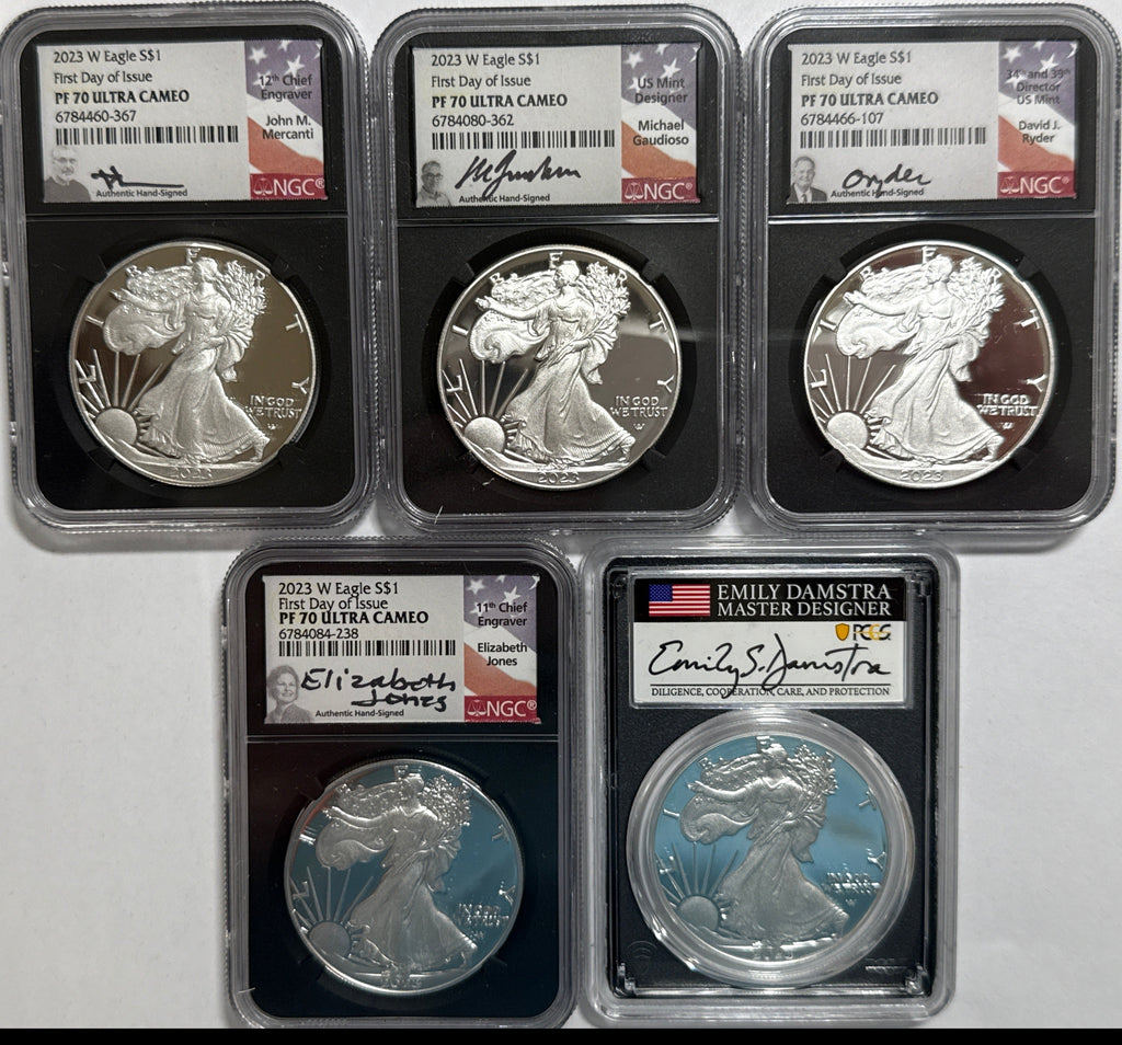 2023-W American Silver Eagle 5-Coin Box Set NGC/PCGS FDOI PF70 UCAM/PR70 DCAM Mercant/Gaudioso/Jones/Ryder/Damstra