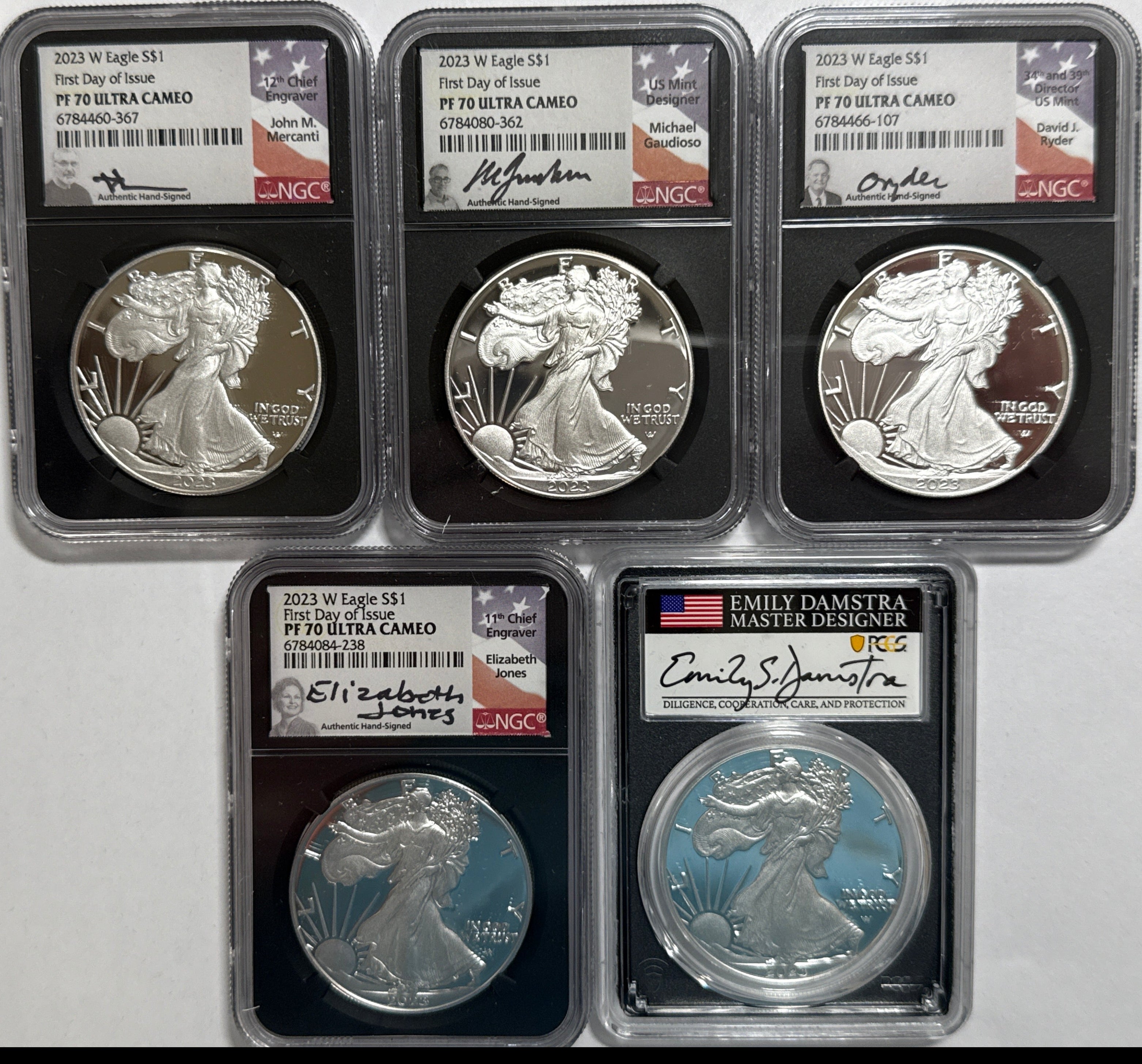 2023-W American Silver Eagle NGC/PCGS FDOI PF70 UCAM/PR70 DCAM Mercant/Gaudioso/Jones/Ryder/Damstra