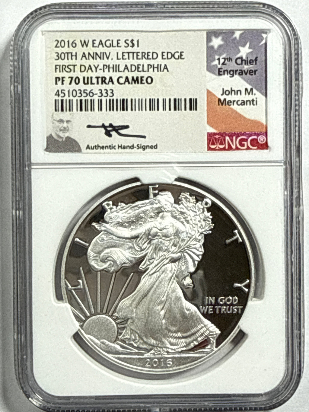 2016-W American Silver Eagle 3 Piece Set NGC PF70 UCAM 30th Anniv. Lettered Edge First Day-Denver/Philadelphia/Washington Mercanti Hand Signed