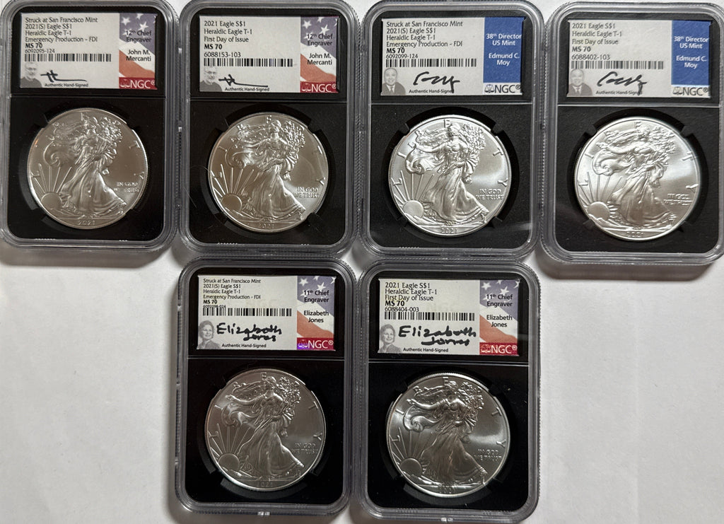 2021-P/S American Silver Eagle T-1 Emergency Production 6-Coin Box Set NGC MS70 FDOI Mercanti/Jones/Moy
