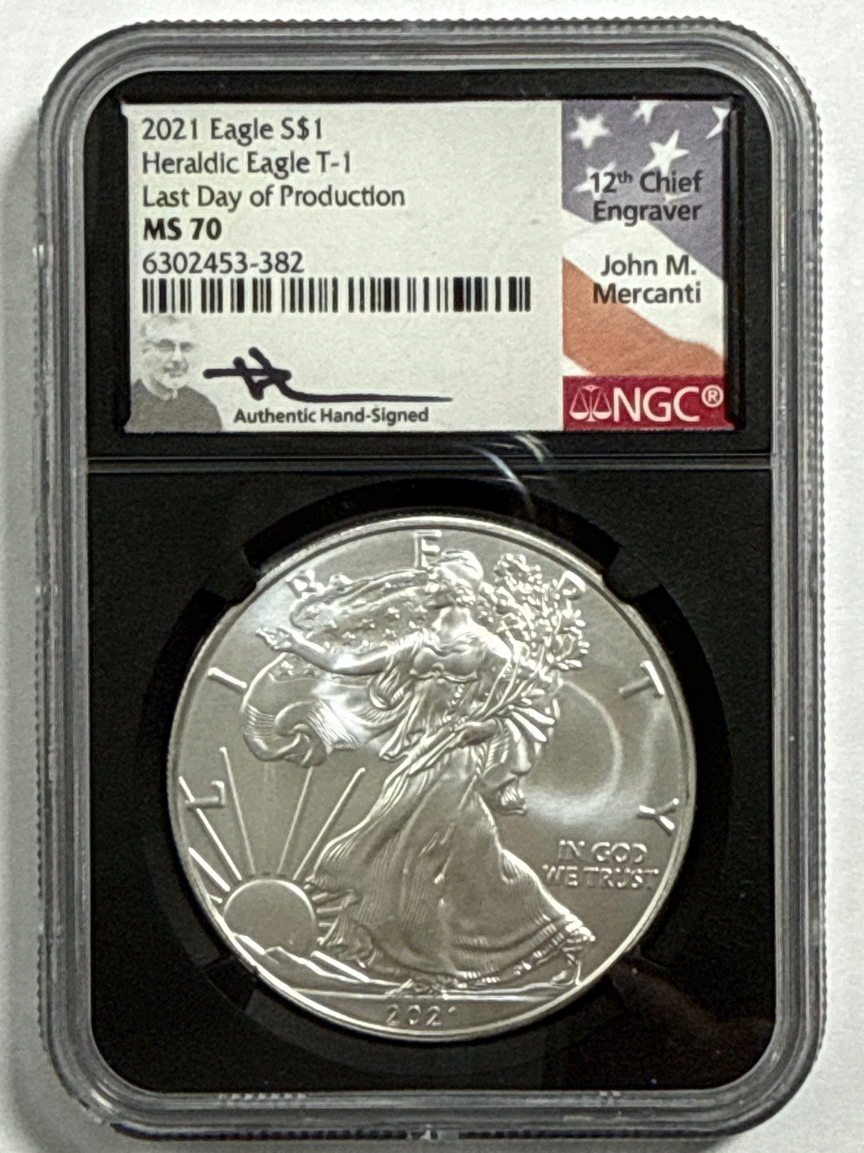 2021 American Silver Heraldic Eagle 2 Peice Set T-1 Last Day of Production MS70 Mercanti/Ryder Hand Signed