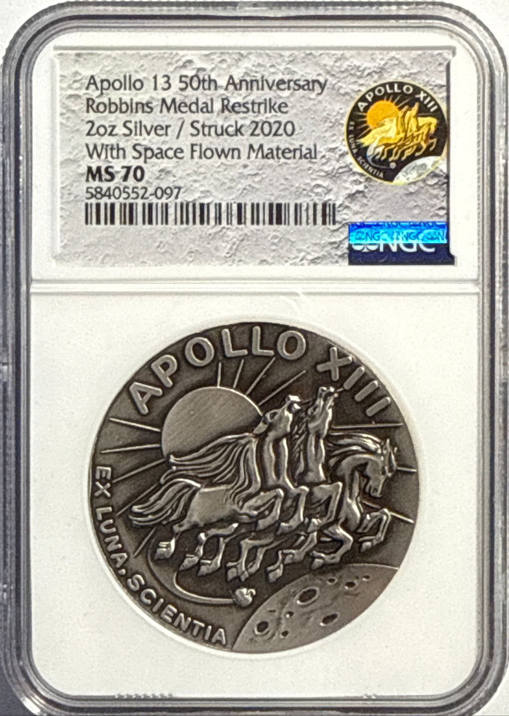 Vintage Vault: 2020 Apollo 13 2 oz Silver 50th Anniversary Robbins Medal Restrike With Space Flown Material NGC MS70