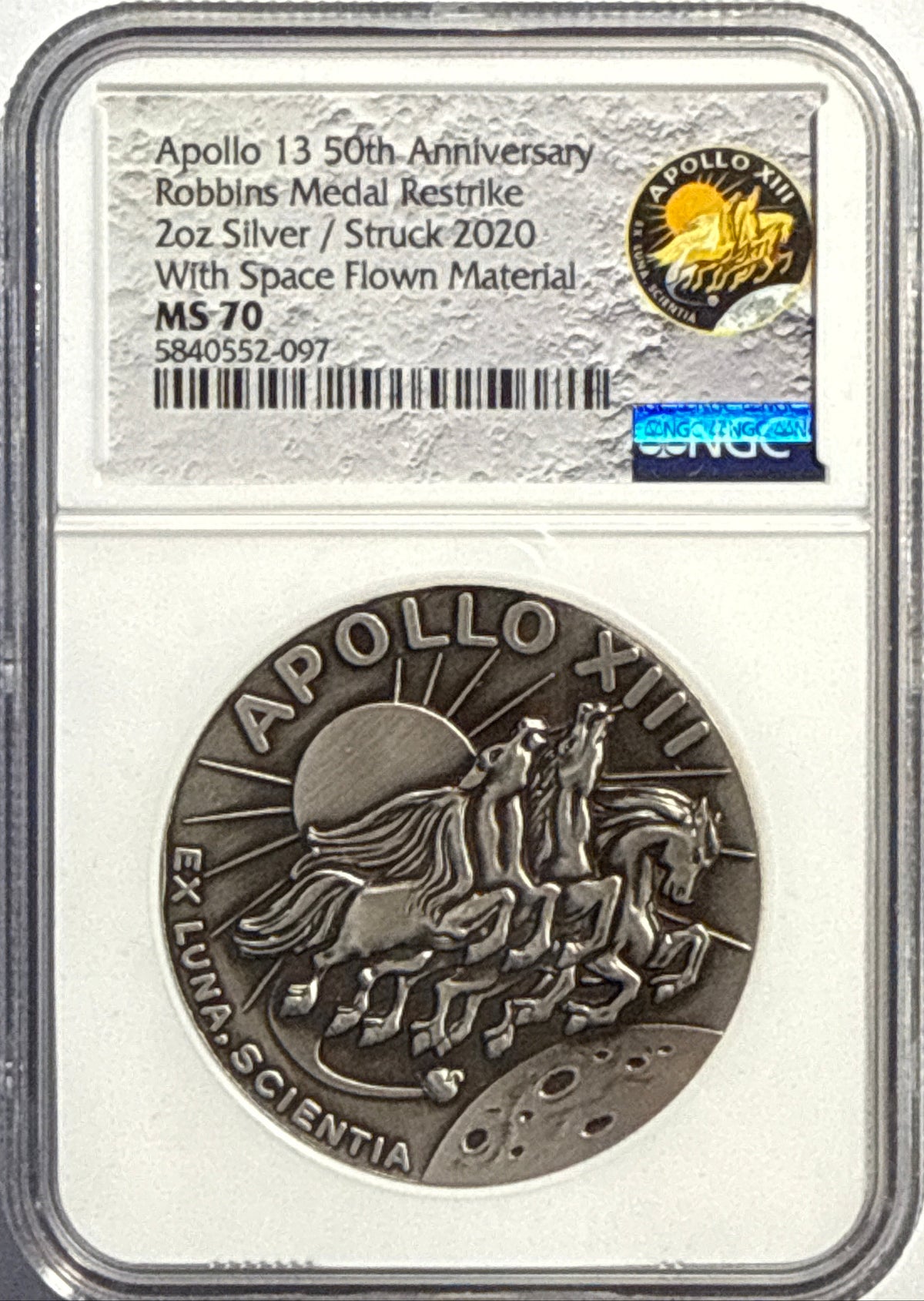 Vintage Vault: 2020 Apollo 13 2 oz Silver 50th Anniversary Robbins Medal Restrike With Space Flown Material NGC MS70